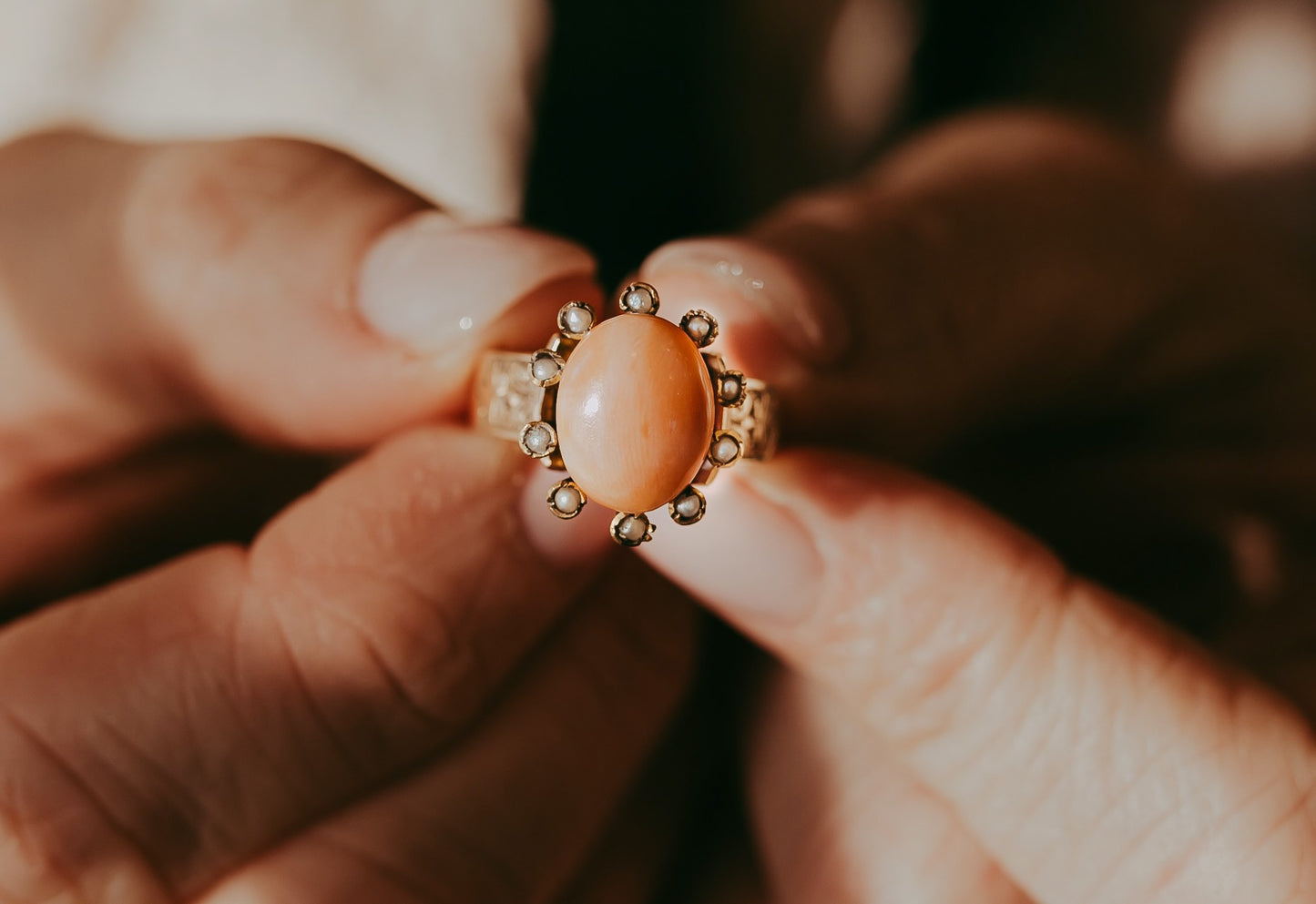 My Darling Juliet | Rose Gold Coral/Seed Pearl Ring Circa 1890