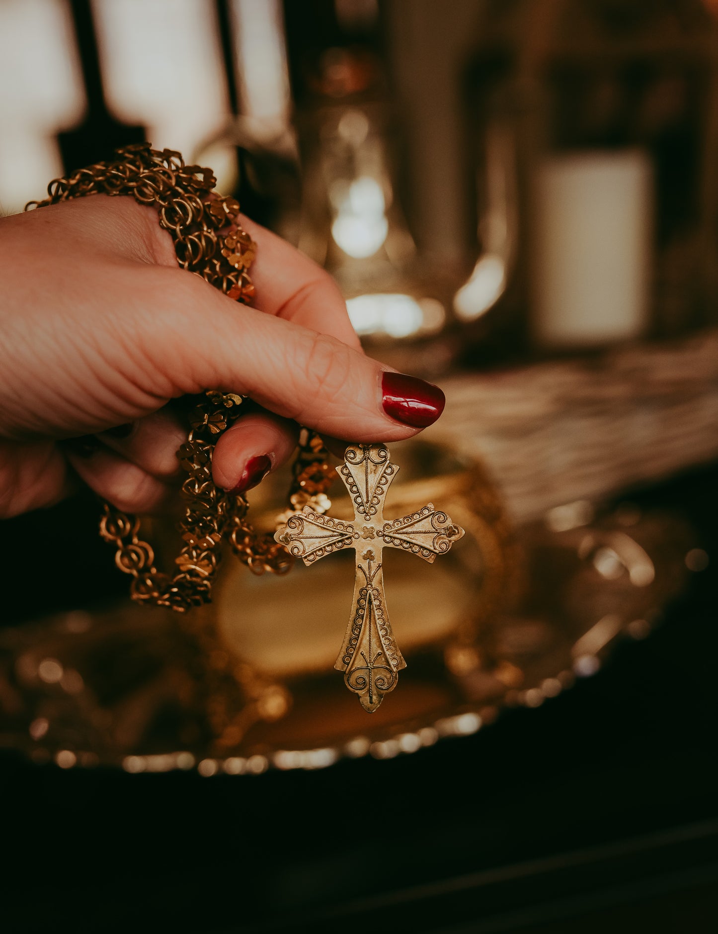 Victorian Gold-Filled Chain Drop Necklace with Engraved Cross