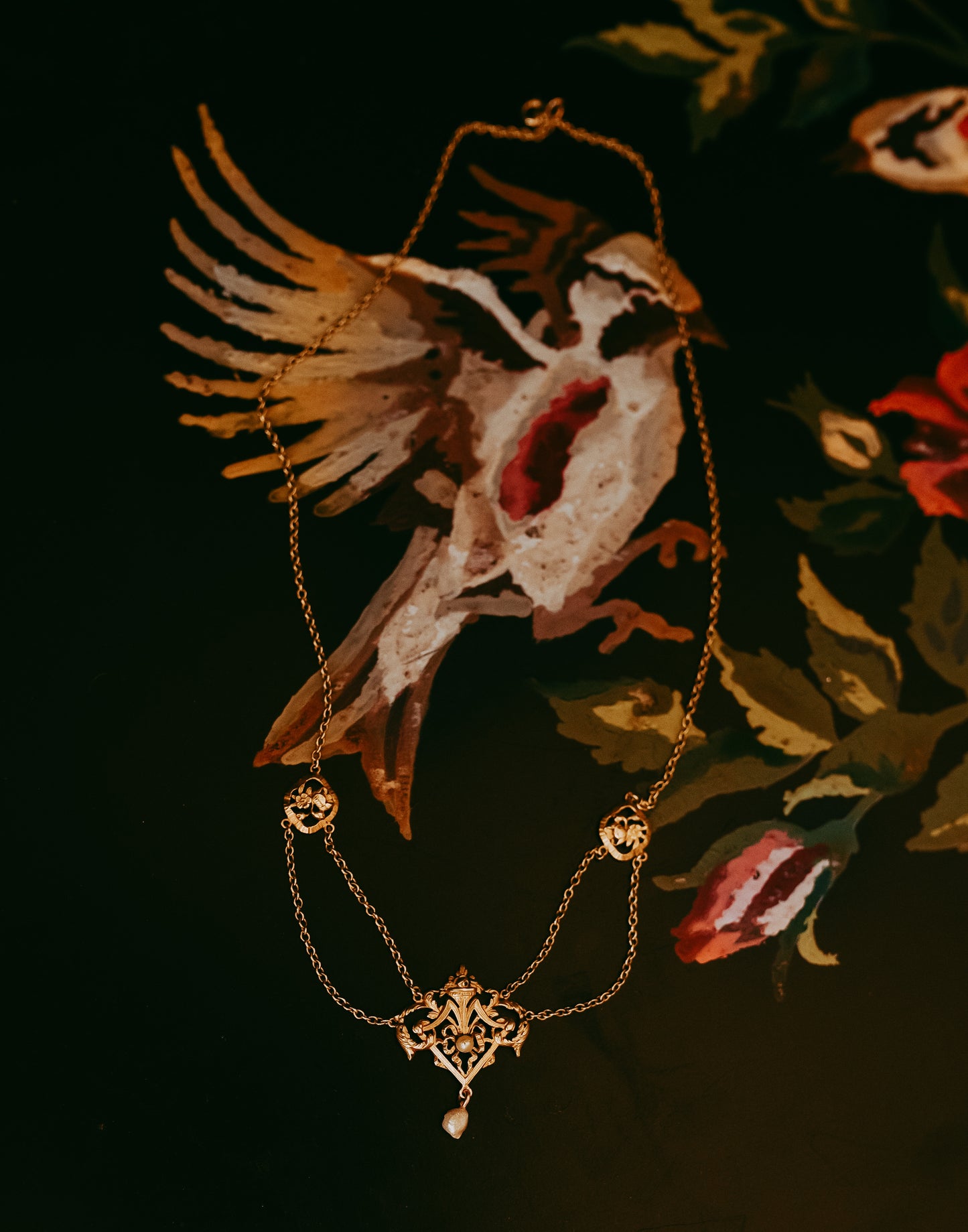 Antique French 18K Gold Festoon Necklace | Seed Pearl & Baroque Pearl Drop | Belle Époque