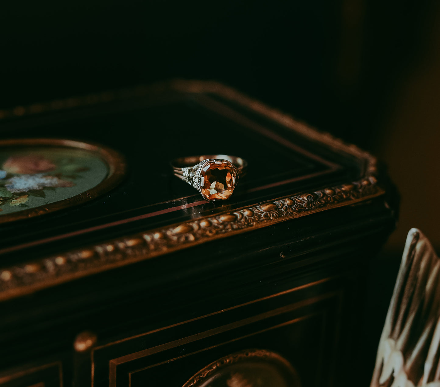 Antique Art Deco Natural Citrine Ring in 14K White Gold | Circa 1930s