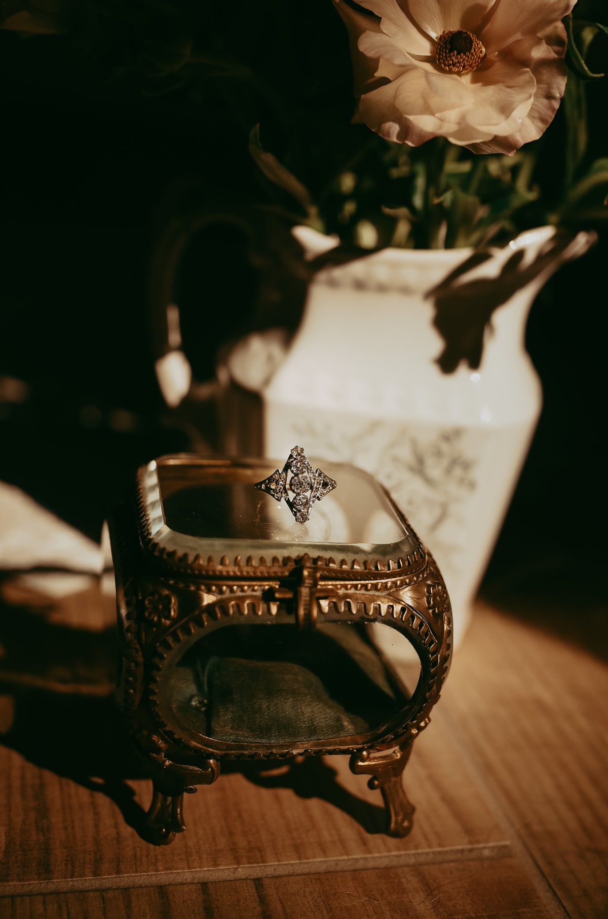 Edwardian 18K Gold Platinum Diamond Ring with Old Mine Rose Cut Diamonds Gift Fiery Sparkle