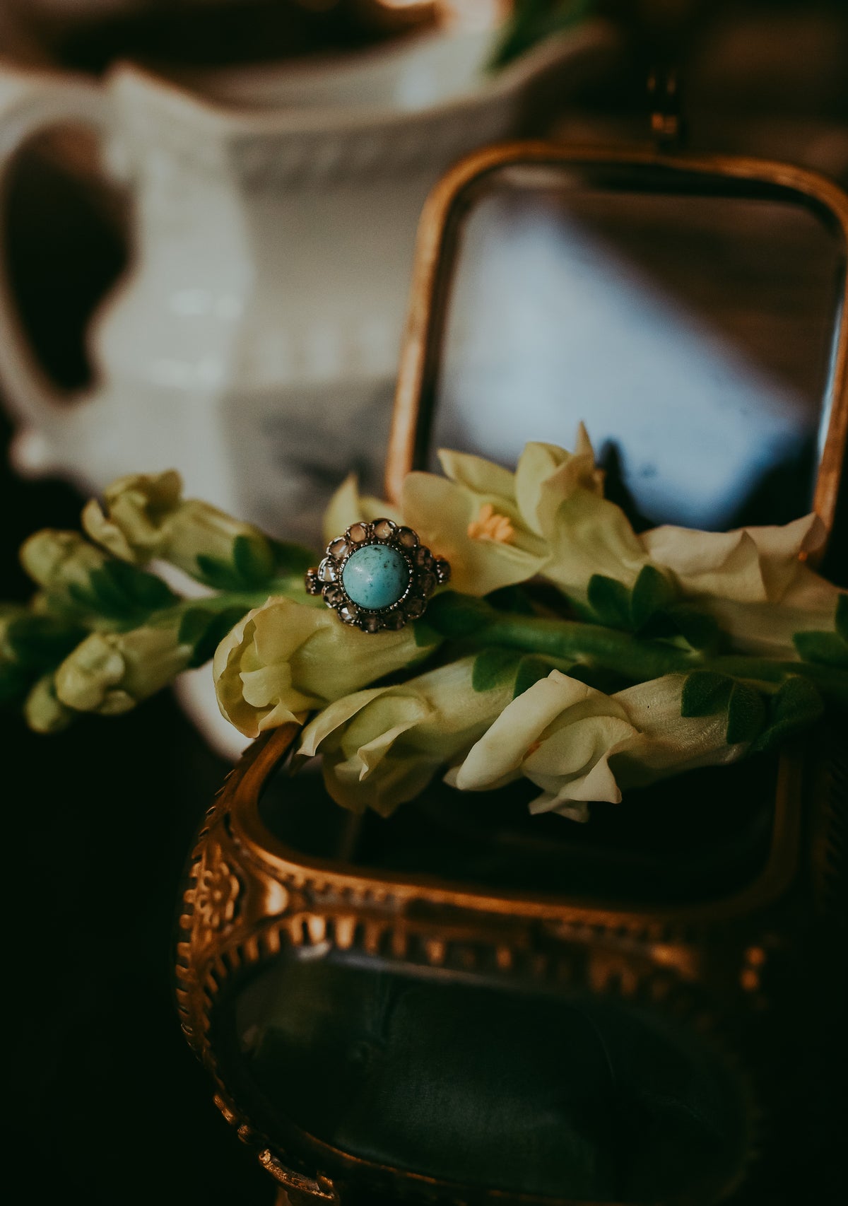 Early 19th Century Georgian Turquoise & Rose Cut Diamond Ring, circa 1800, 14K yellow gold