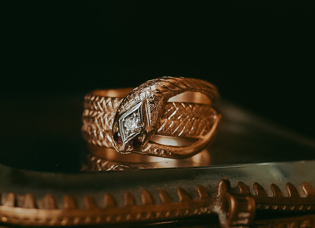 Antique Victorian 10K Gold Snake | Serpent Ring with Diamond & Red Gemstone Eyes