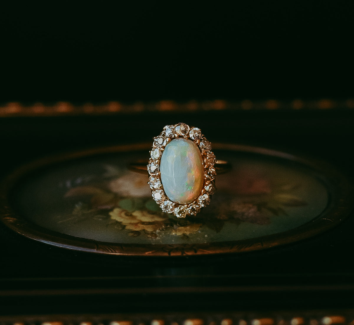 Antique Victorian Opal & Diamond Ring in 14K Gold, c. 1890 Cushion Cut Diamonds