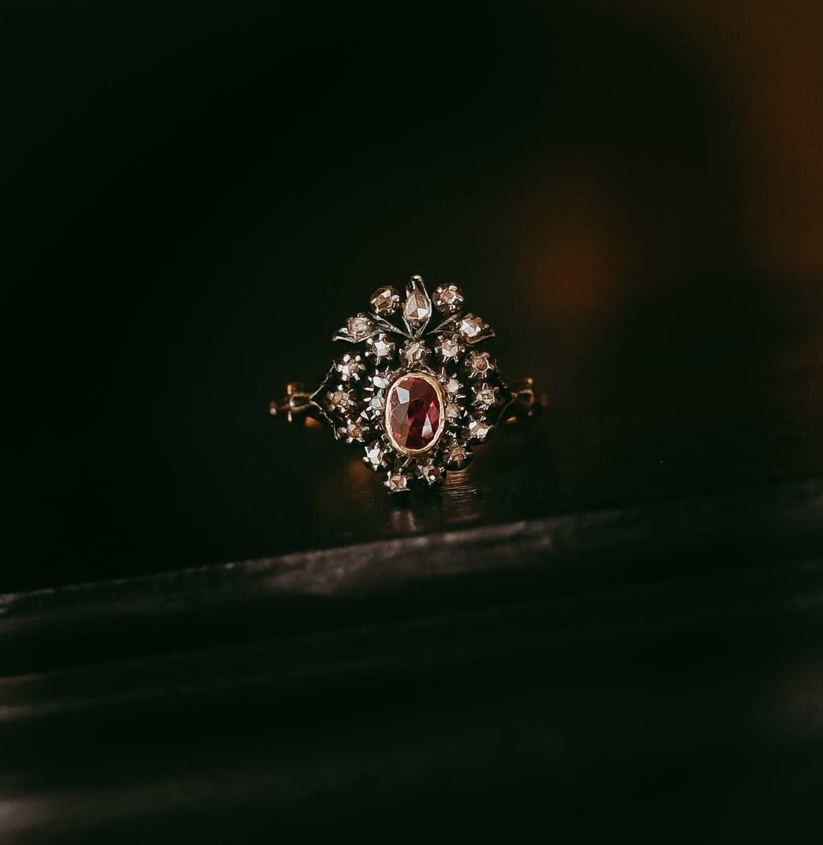 Georgian Ruby & Rose-Cut Diamond Heart Ring in 18K Gold with Floral Like Crown
