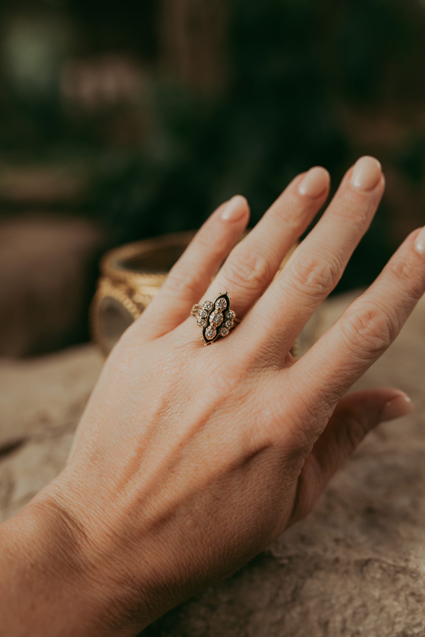 My Darling Juliet | Vintage 14K Gold Navette-Style Diamond & Enamel Ring