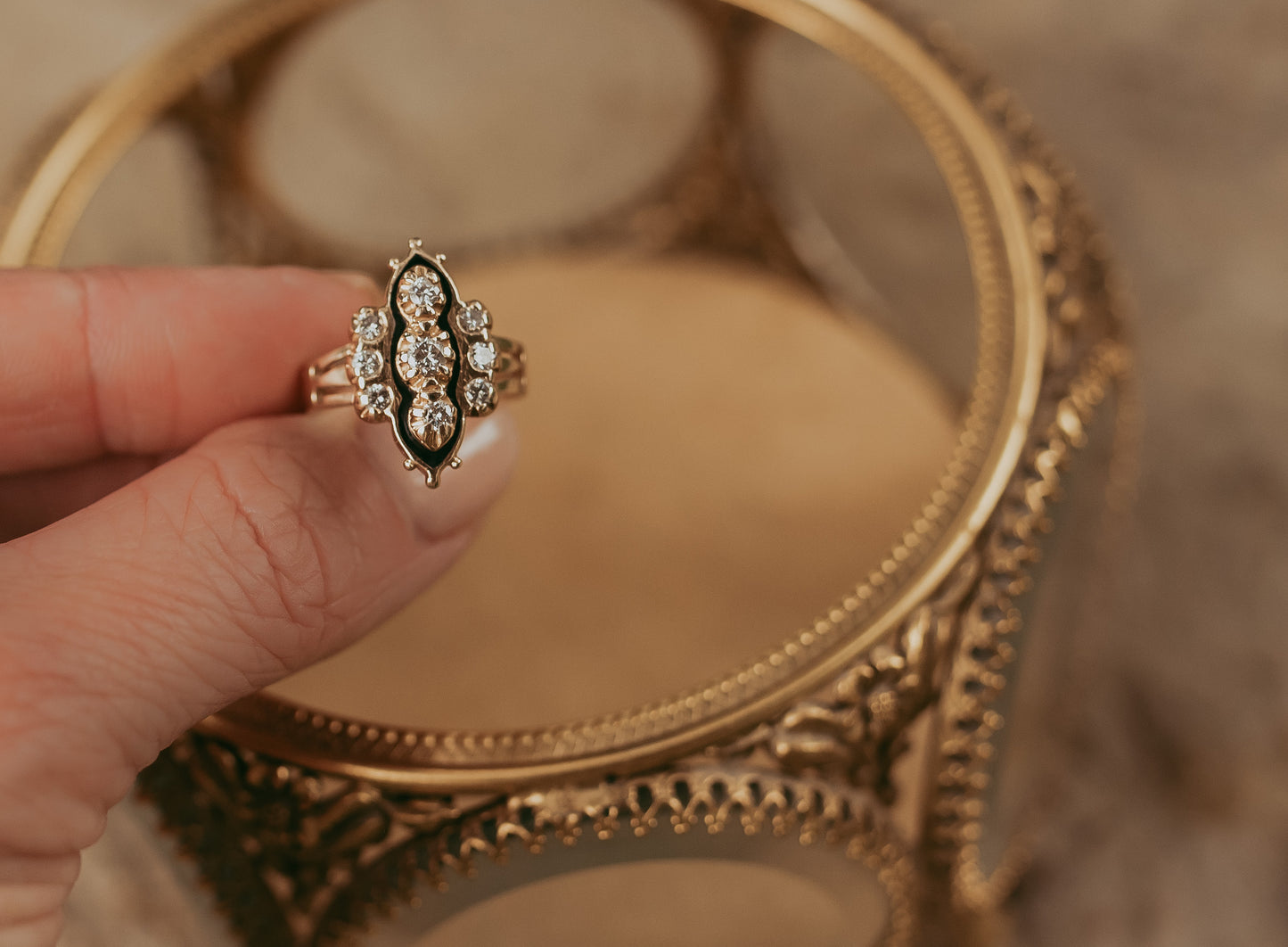 My Darling Juliet | Vintage 14K Gold Navette-Style Diamond & Enamel Ring
