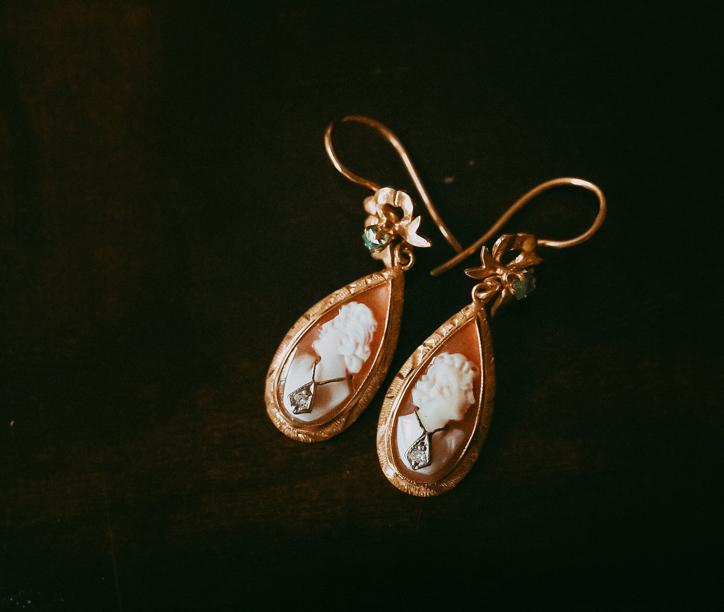 My Darling Juliet | Victorian 14K Gold, Diamond, Emerald & Cameo Earrings