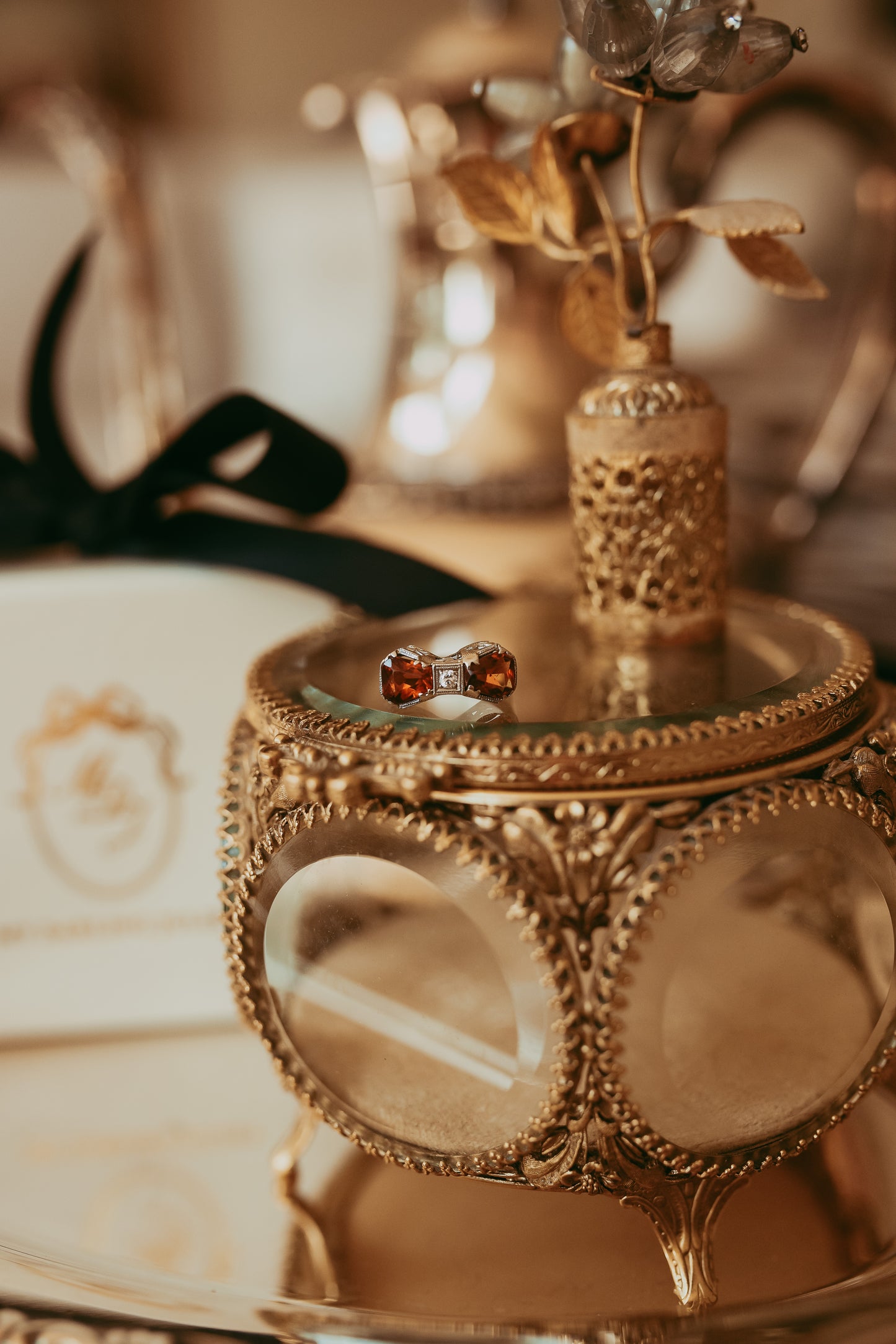 My Darling Juliet | Art Deco 14K White Gold Bow Ring with Citrines and Diamond