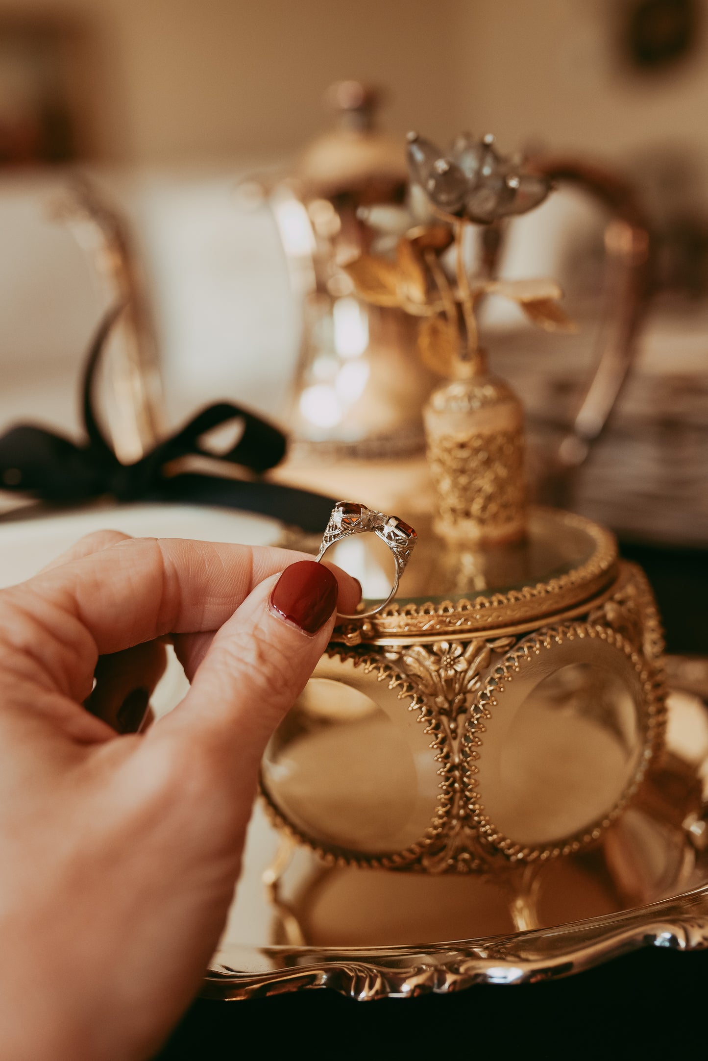 My Darling Juliet | Art Deco 14K White Gold Bow Ring with Citrines and Diamond