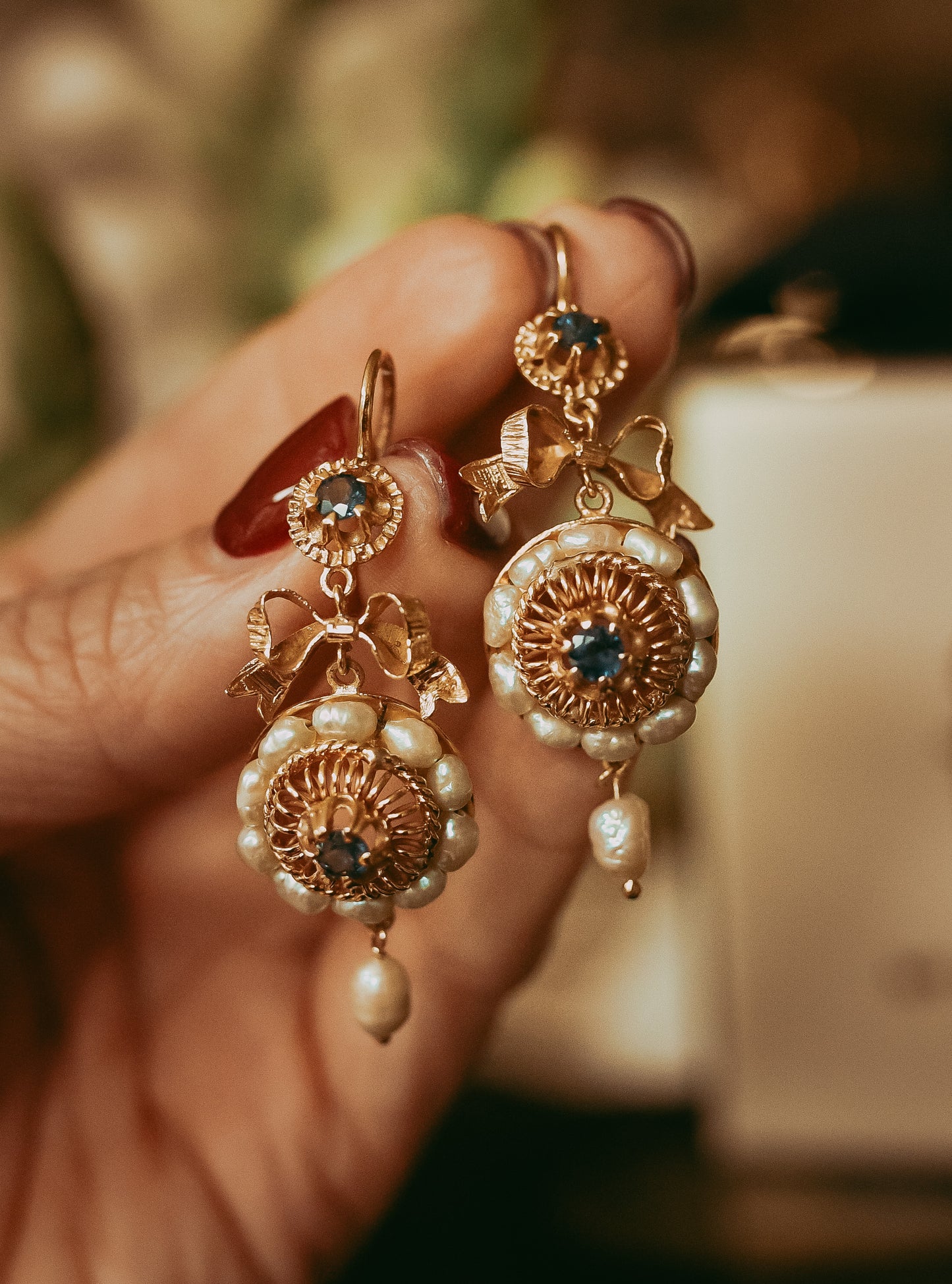 My Darling Juliet | Antique Italian Gold, Sapphire & Baroque Pearl Drop Earrings (c.1900-1920)