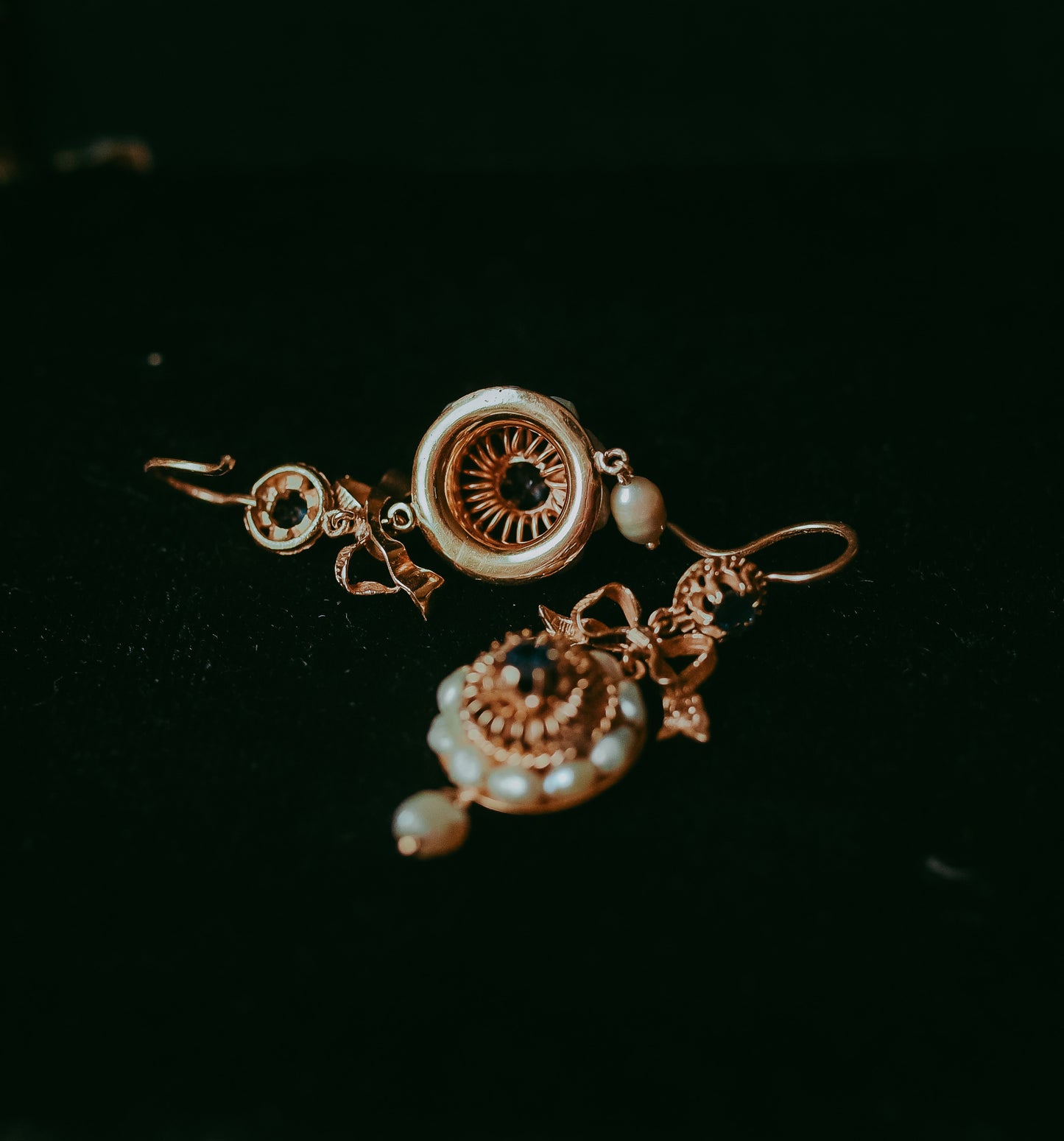 My Darling Juliet | Antique Italian Gold, Sapphire & Baroque Pearl Drop Earrings (c.1900-1920)