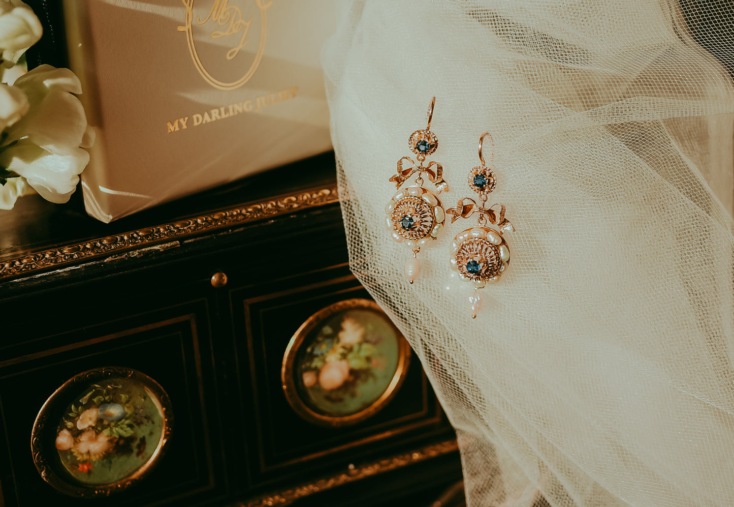 My Darling Juliet | Antique Italian Gold, Sapphire & Baroque Pearl Drop Earrings (c.1900-1920)