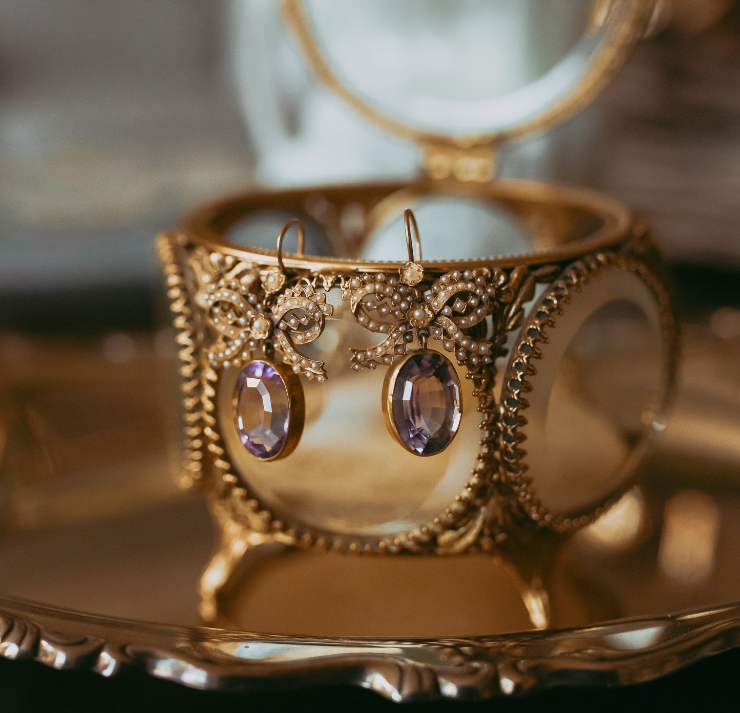 My Darling Juliet | Early Victorian Lavender Amethyst & Seed Pearl Bow Earrings