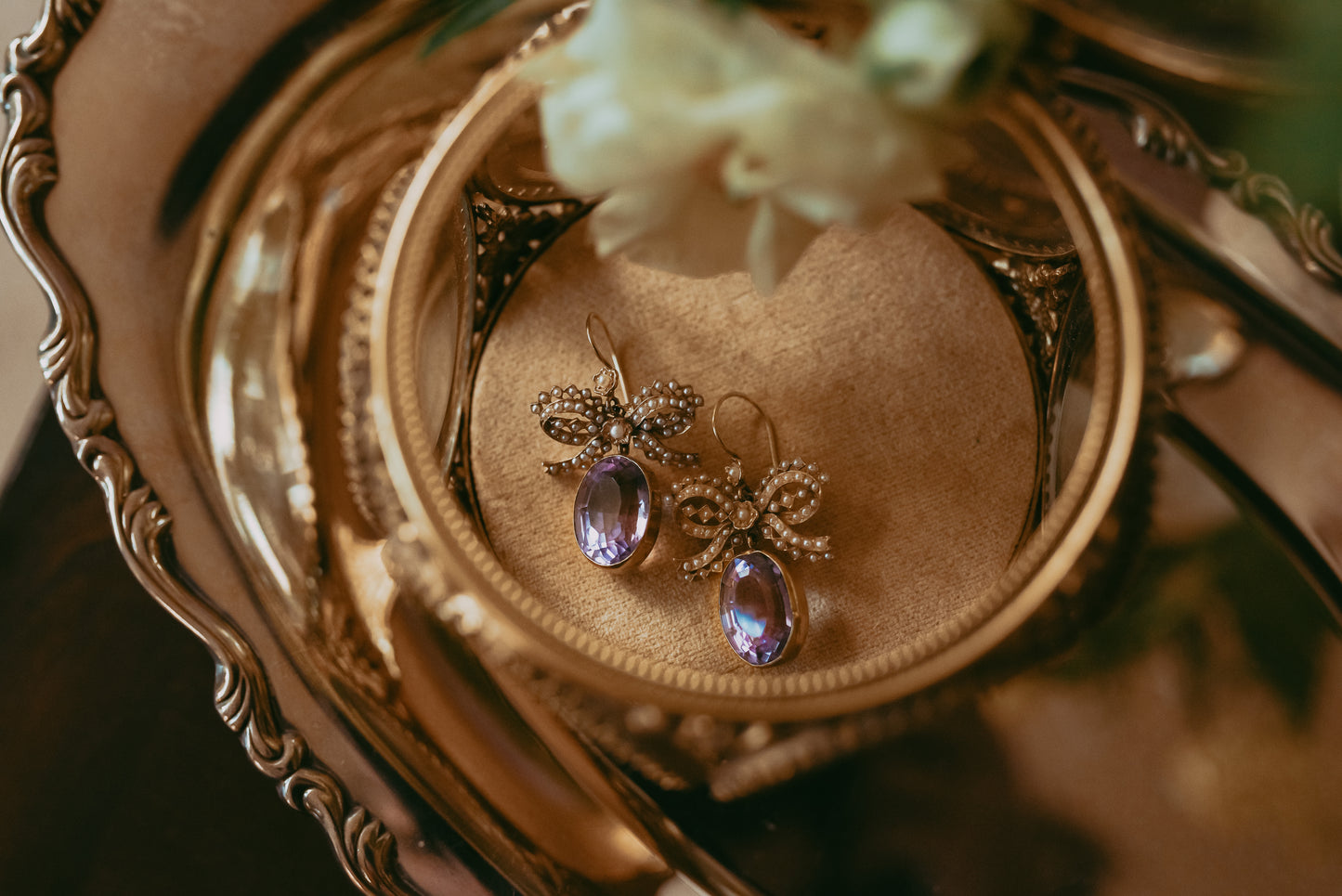 My Darling Juliet | Early Victorian Lavender Amethyst & Seed Pearl Bow Earrings