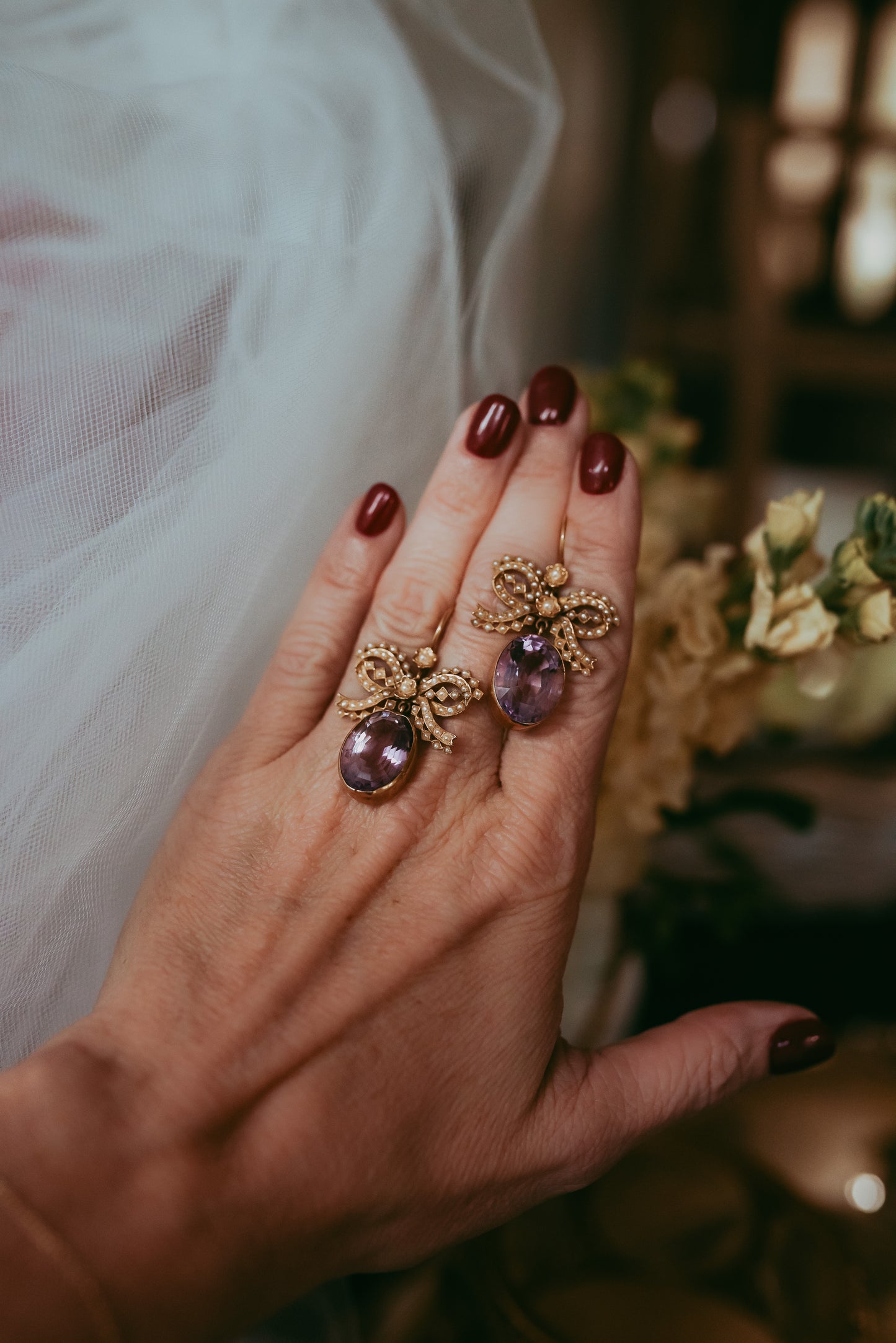 My Darling Juliet | Early Victorian Lavender Amethyst & Seed Pearl Bow Earrings