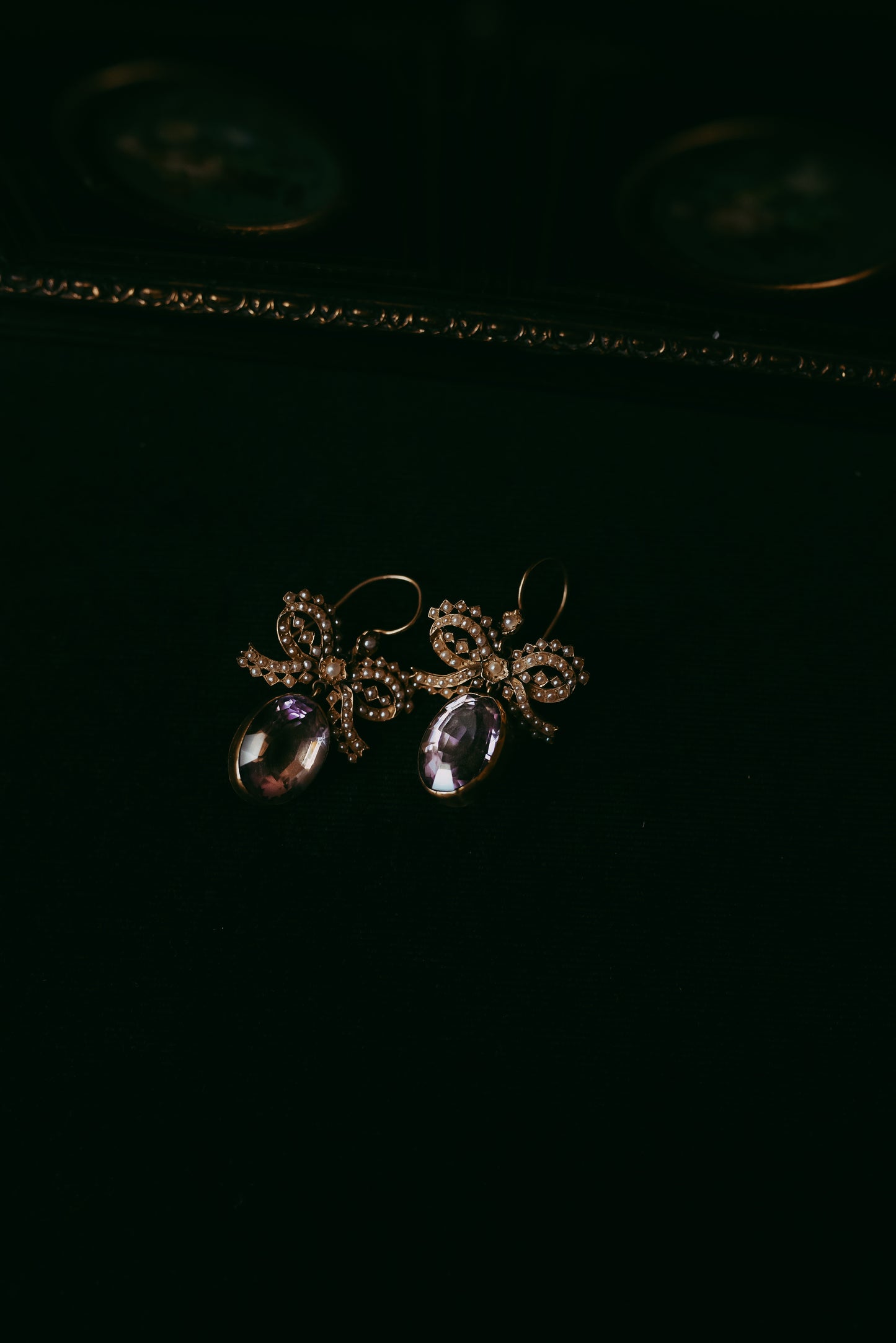 My Darling Juliet | Early Victorian Lavender Amethyst & Seed Pearl Bow Earrings