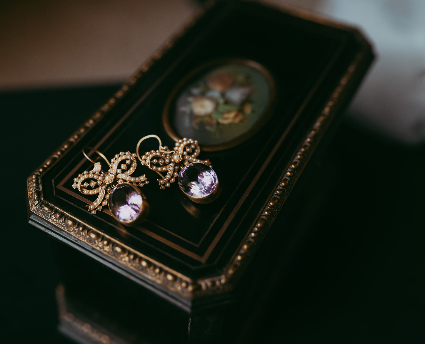 My Darling Juliet | Early Victorian Lavender Amethyst & Seed Pearl Bow Earrings