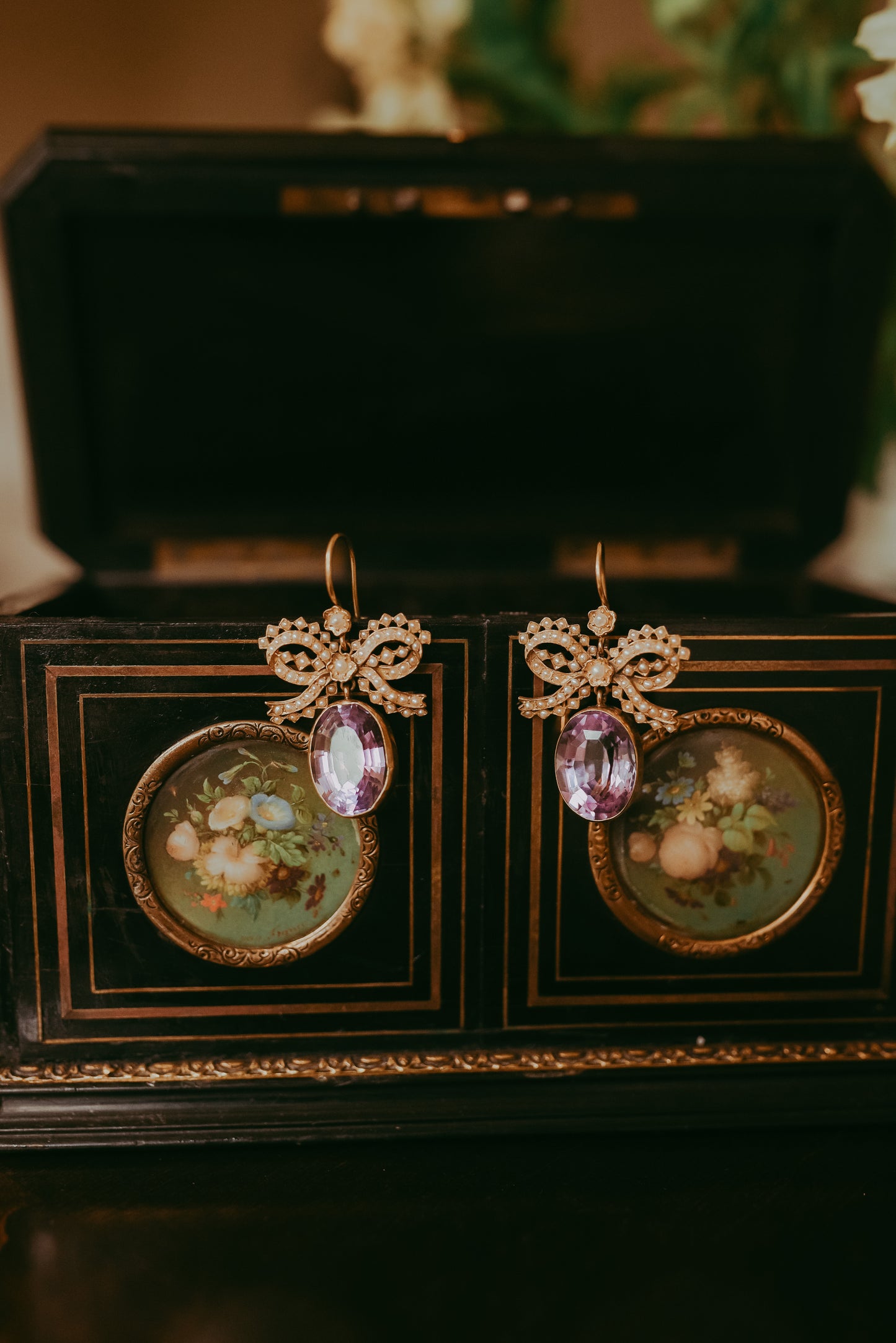 My Darling Juliet | Early Victorian Lavender Amethyst & Seed Pearl Bow Earrings