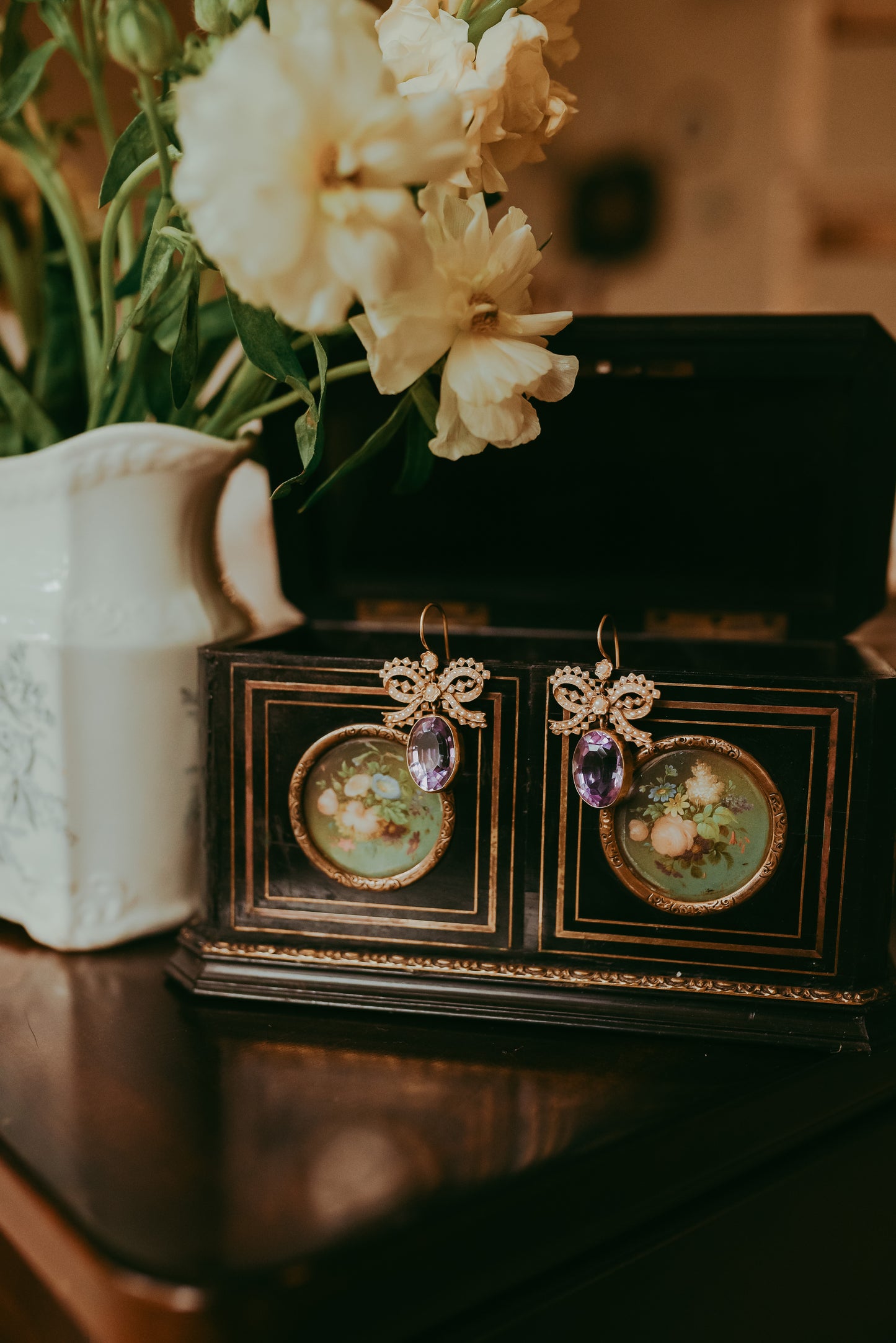 My Darling Juliet | Early Victorian Lavender Amethyst & Seed Pearl Bow Earrings