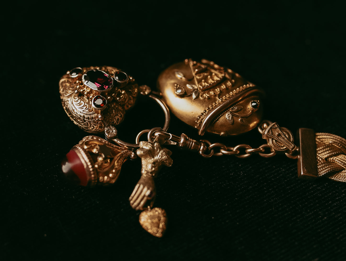 My Darling Juliet | Victorian Etruscan Revival Gold-Filled Locket with Red Stone & Seed Pearl, c. 1860