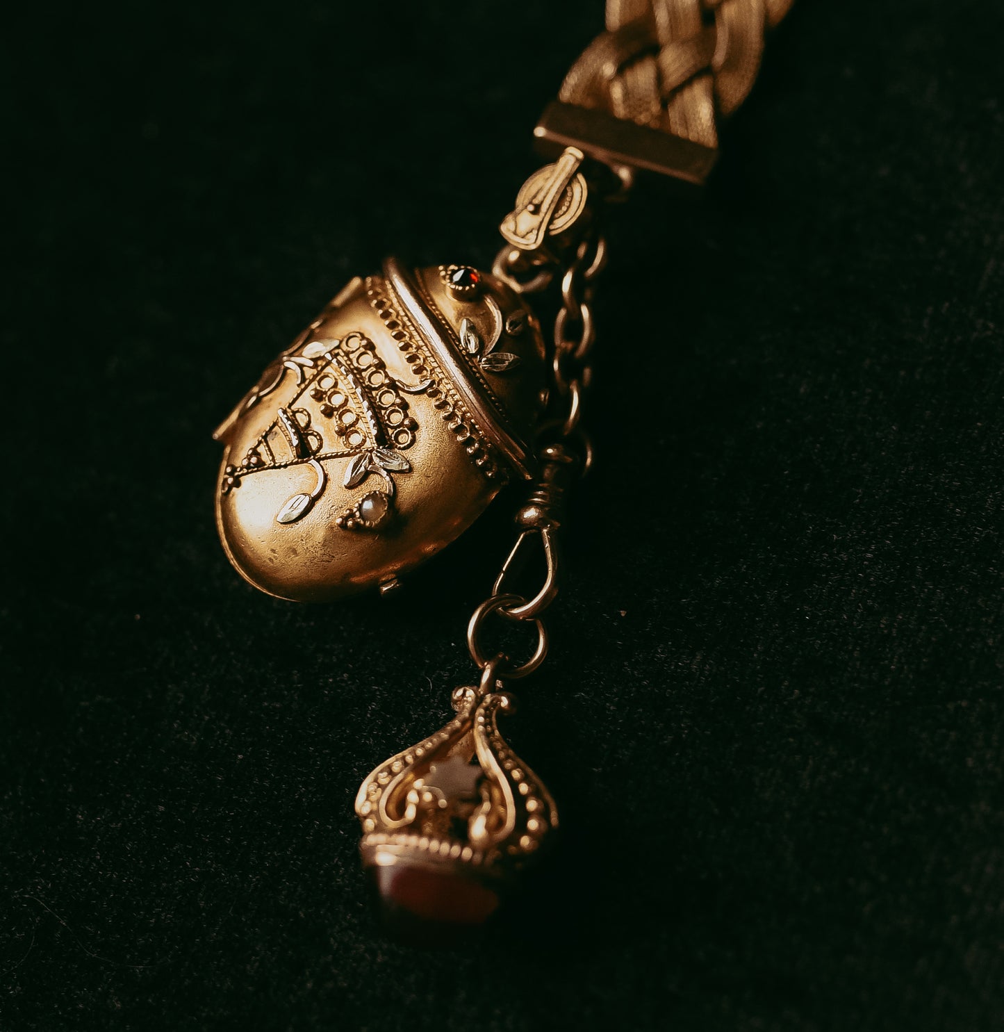 My Darling Juliet | Victorian Etruscan Revival Gold-Filled Locket with Red Stone & Seed Pearl, c. 1860