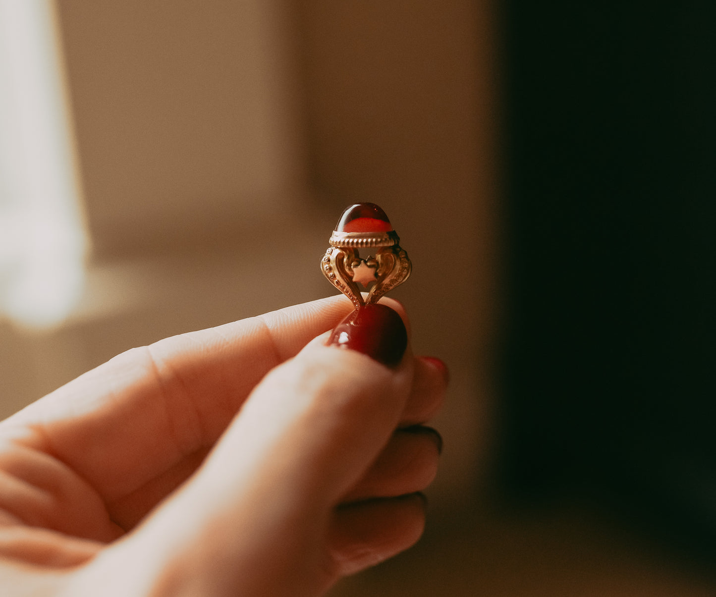 My Darling Juliet | Victorian Gold-Filled Watch Fob with Red Czech Glass Cabochon, Star Motif, c. 1890