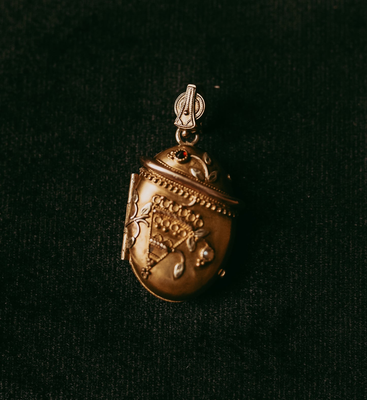 My Darling Juliet | Victorian Etruscan Revival Gold-Filled Locket with Red Stone & Seed Pearl, c. 1860