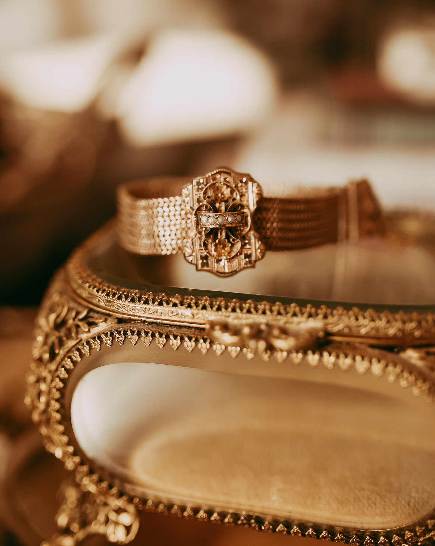 My Darling Juliet | Gold Filled Victorian Mesh Seed Pearl Slide Bracelet