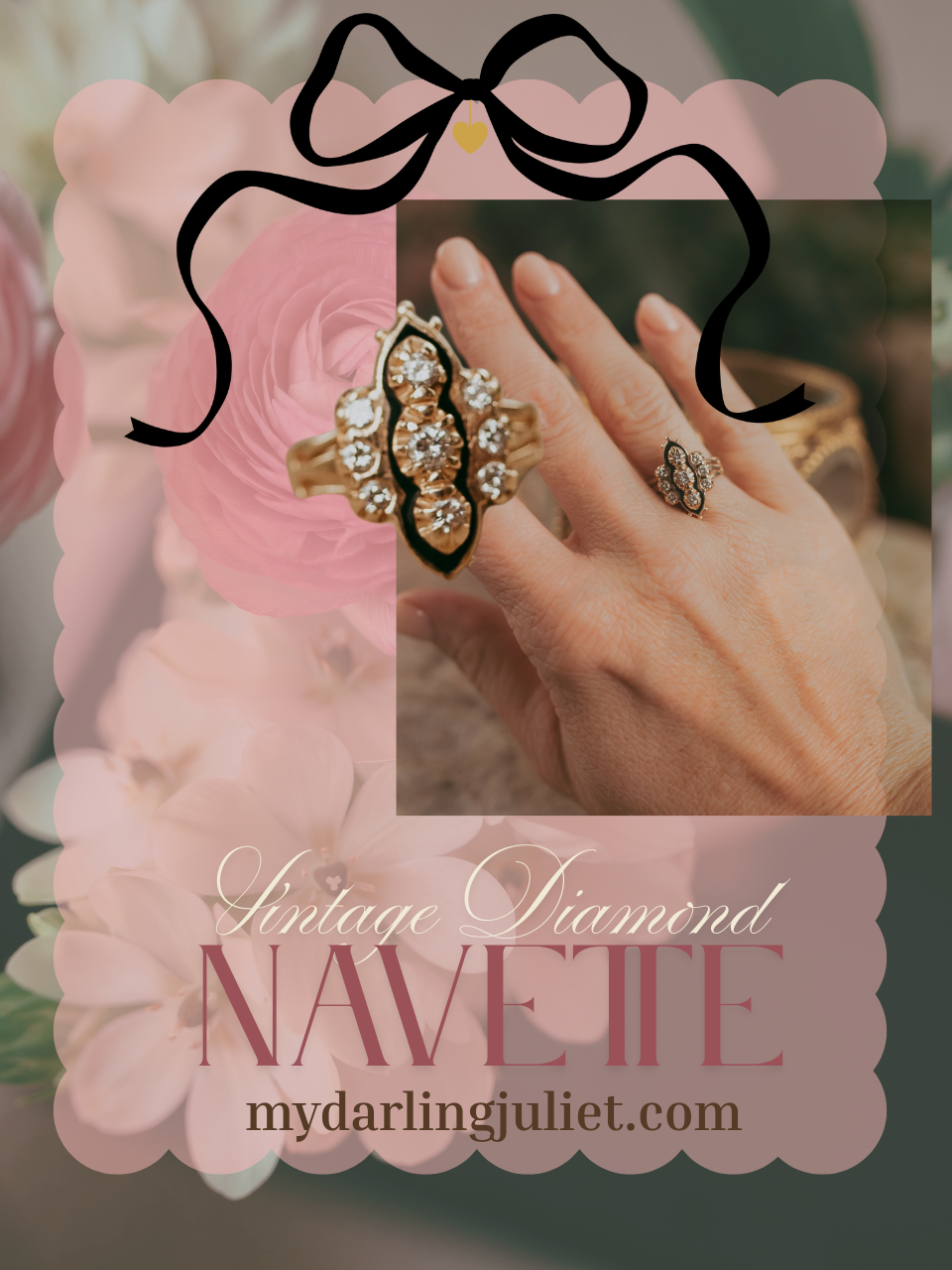 My Darling Juliet | Vintage 14K Gold Navette-Style Diamond & Enamel Ring