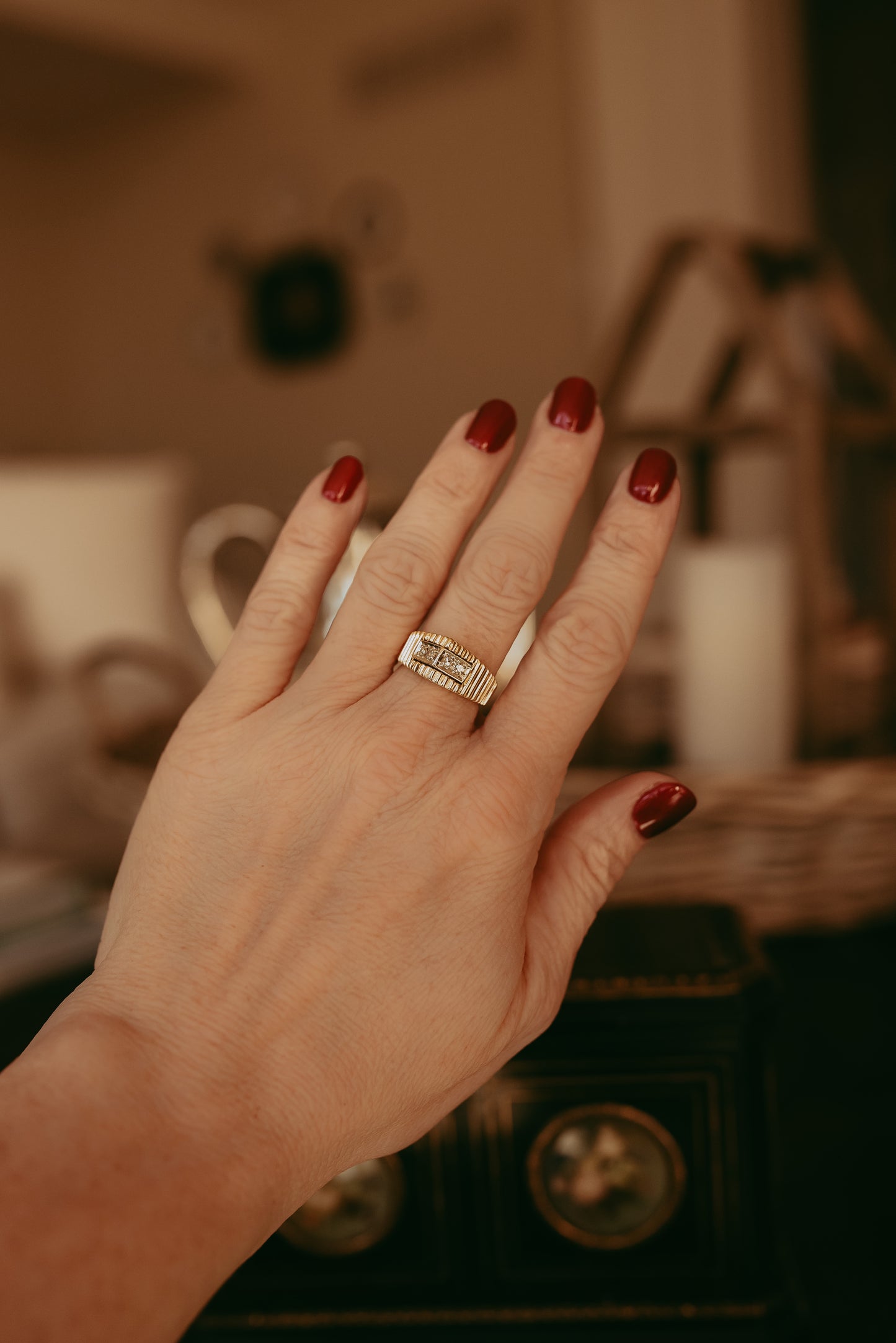 Vintage Retro 10K Gold Diamond Ring | Ridged Mid-Century Modern Design