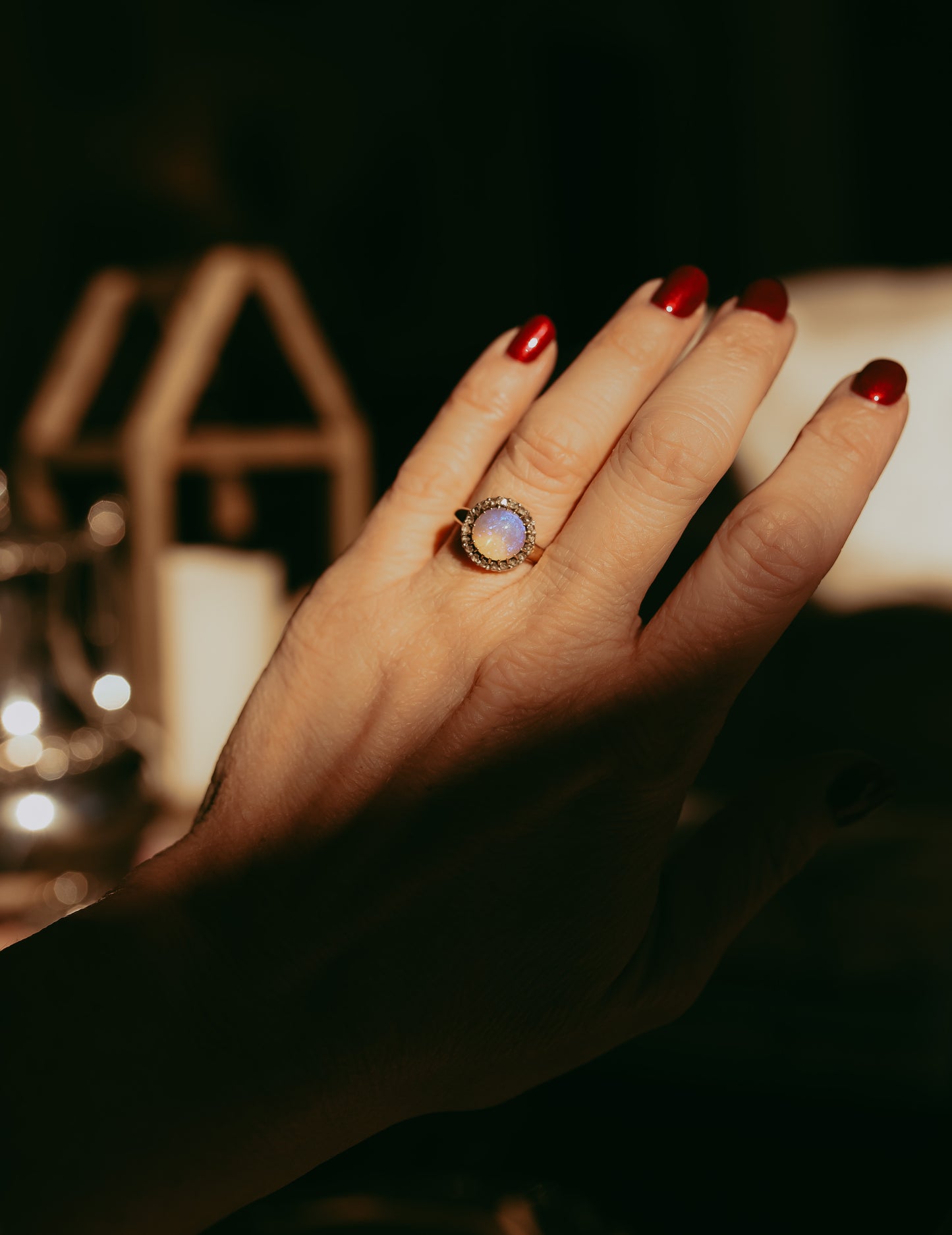 French Victorian Opal Ring with Rose Cut Diamonds in 18K Gold & Silver, Circa 1900