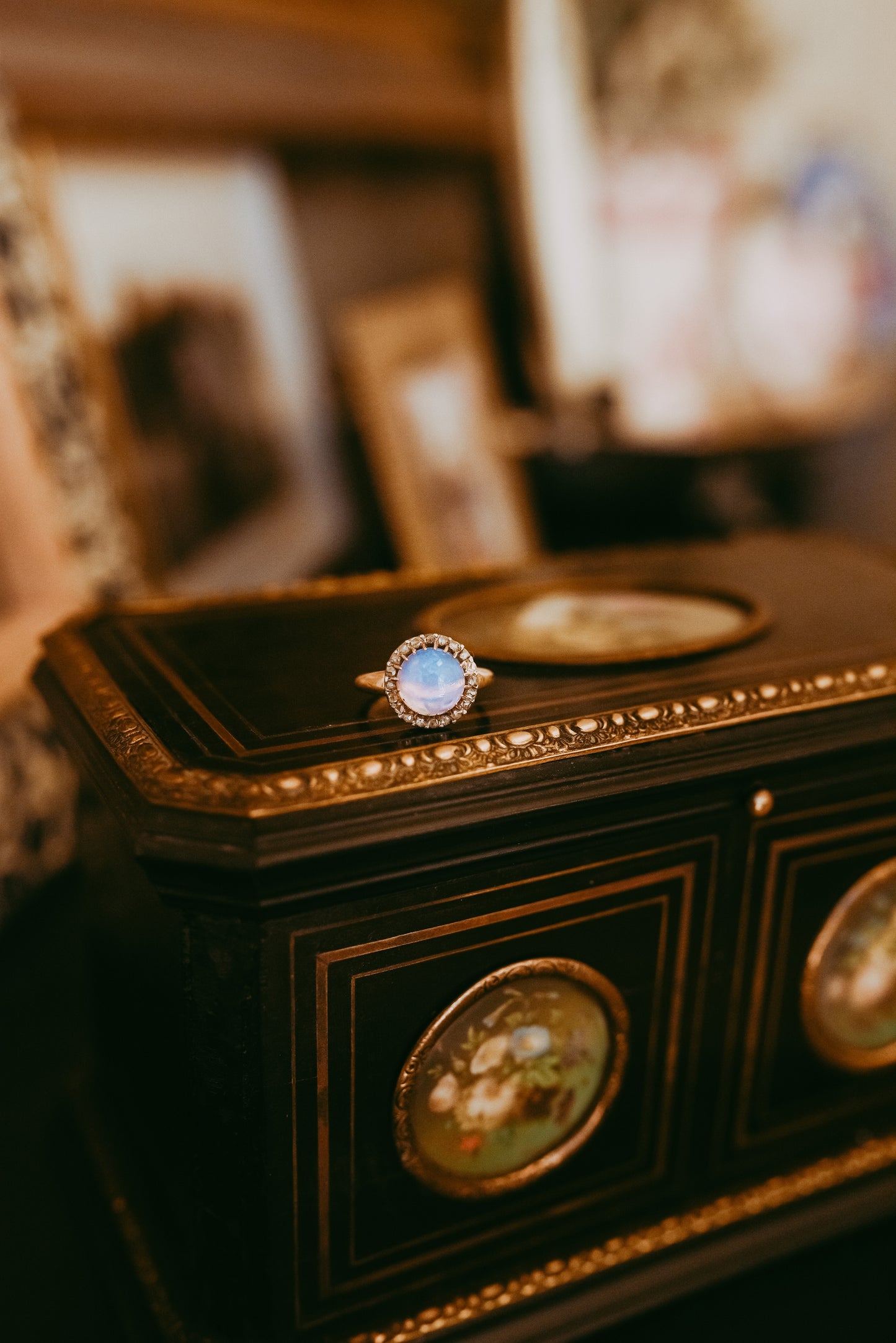 French Victorian Opal Ring with Rose Cut Diamonds in 18K Gold & Silver, Circa 1900
