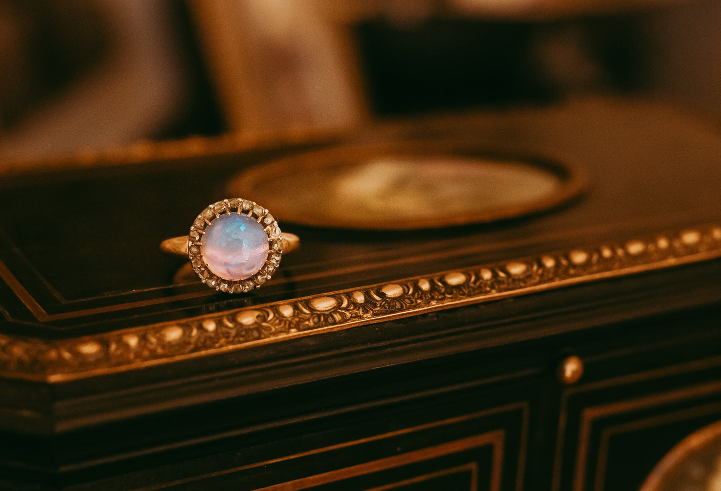 French Victorian Opal Ring with Rose Cut Diamonds in 18K Gold & Silver, Circa 1900
