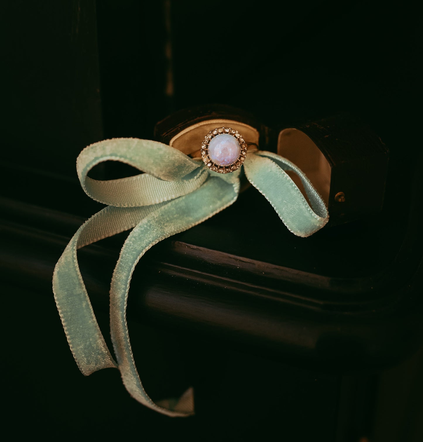 French Victorian Opal Ring with Rose Cut Diamonds in 18K Gold & Silver, Circa 1900