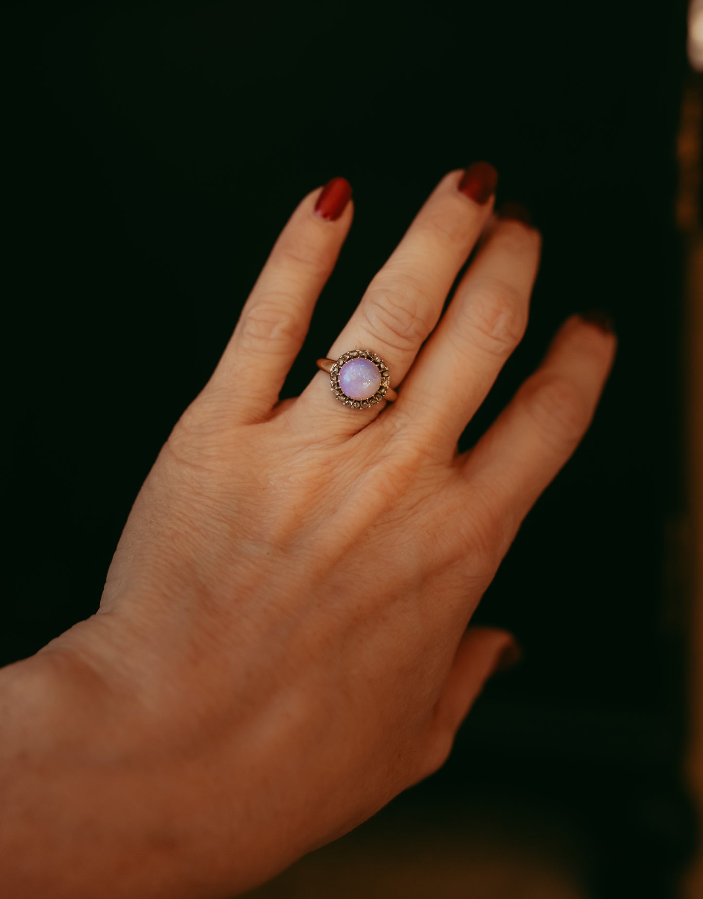 French Victorian Opal Ring with Rose Cut Diamonds in 18K Gold & Silver, Circa 1900