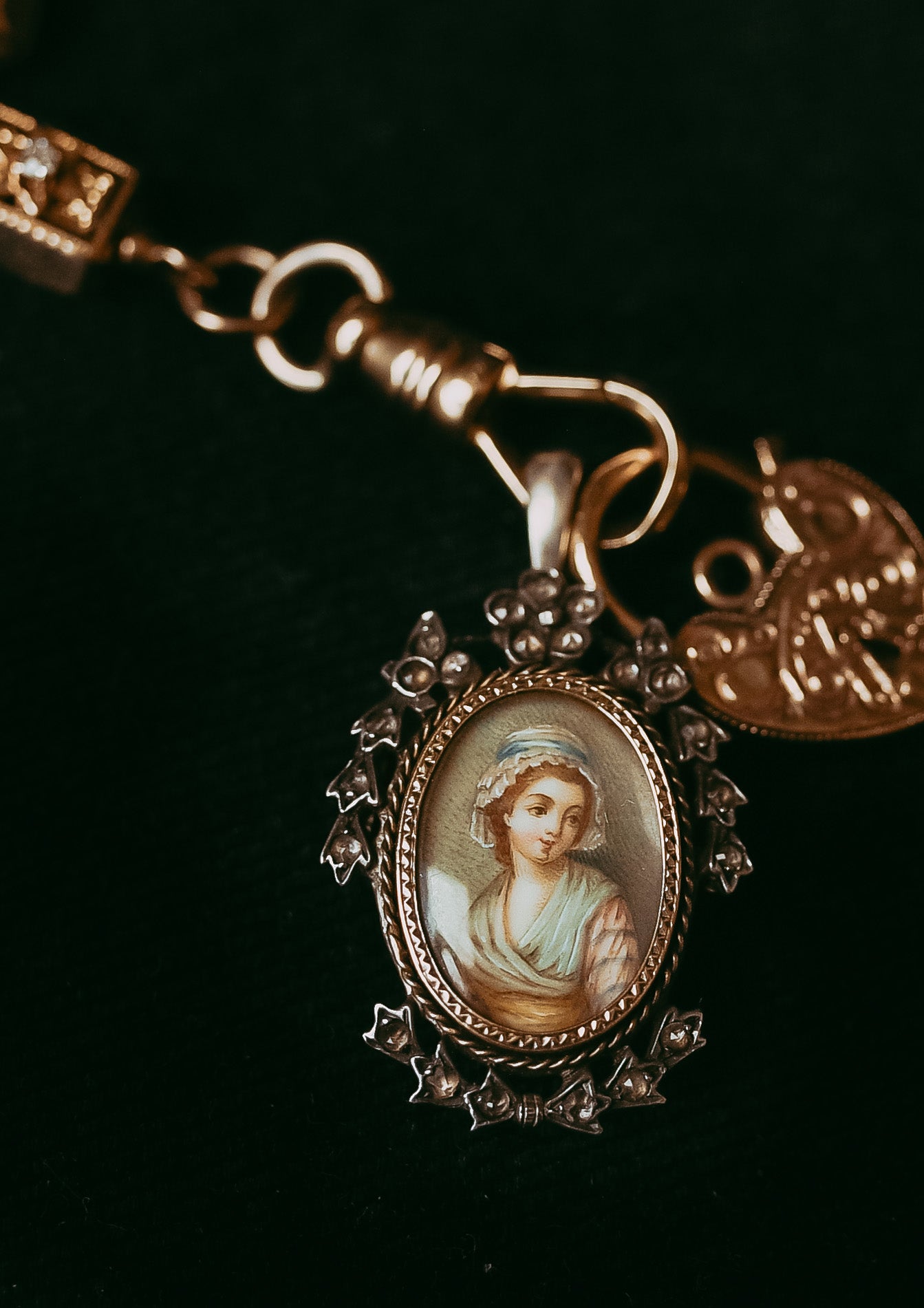 Exquisite Antique Miniature Portrait Pin / Pendant – 18K Gold & Silver with Rose Cut Diamonds – Found in France, Circa Early to Mid 1800s