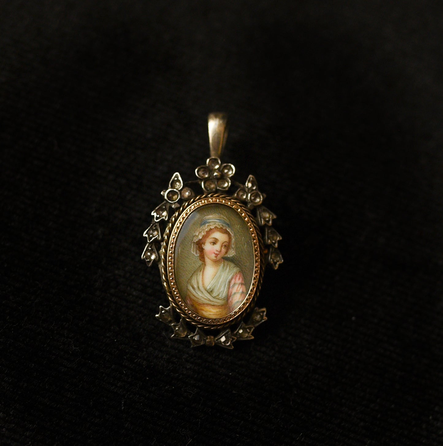 Exquisite Antique Miniature Portrait Pin / Pendant – 18K Gold & Silver with Rose Cut Diamonds – Found in France, Circa Early to Mid 1800s