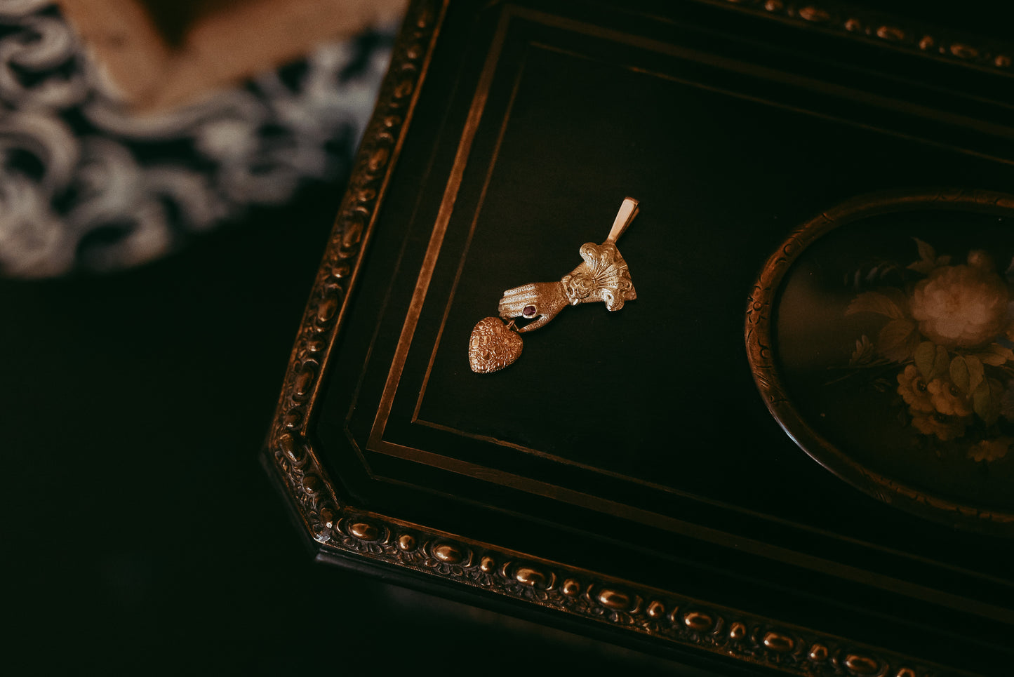 Victorian Ruby Ring Hand & Repoussé Heart Pendant in 14K Two-Tone Gold