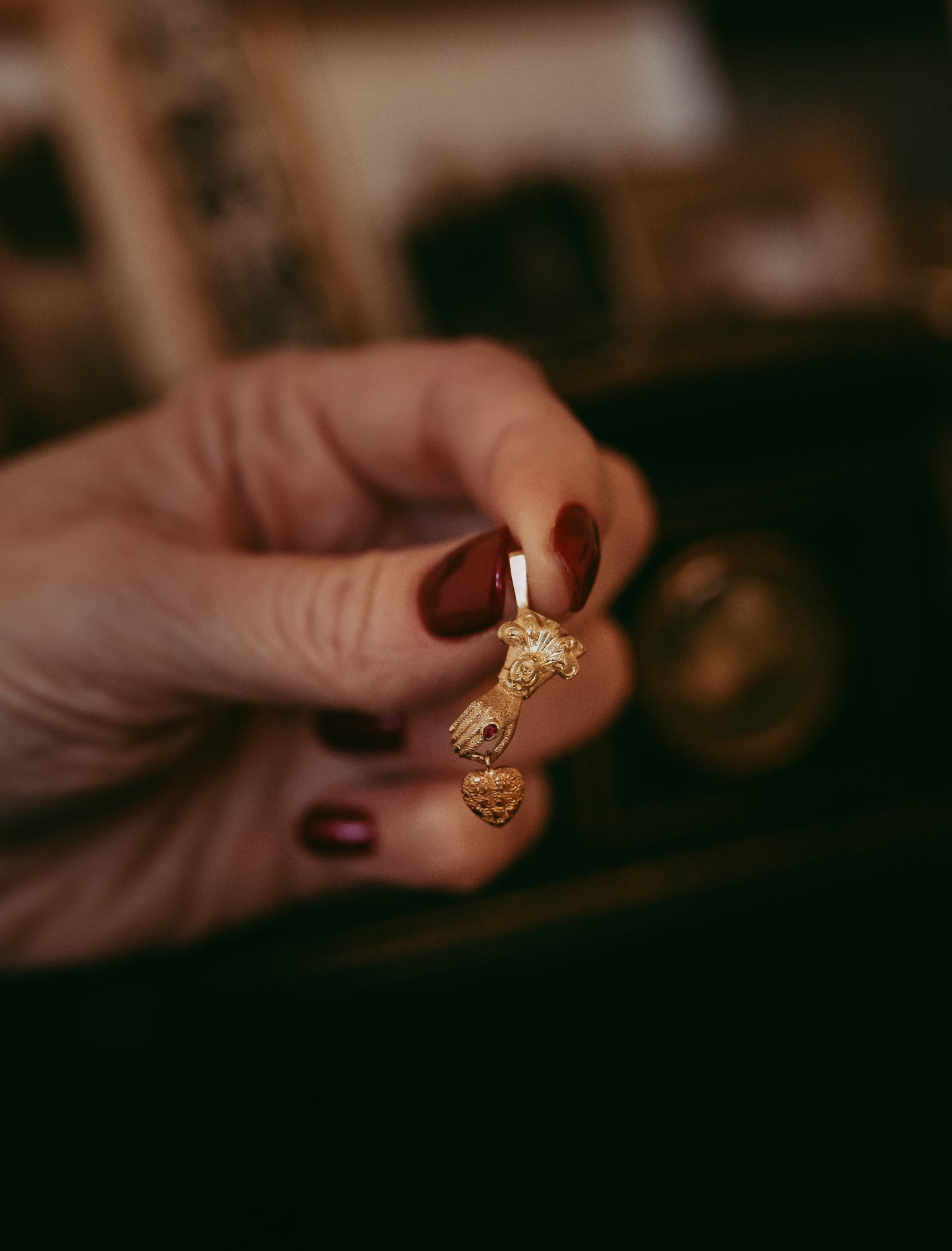Victorian Ruby Ring Hand & Repoussé Heart Pendant in 14K Two-Tone Gold