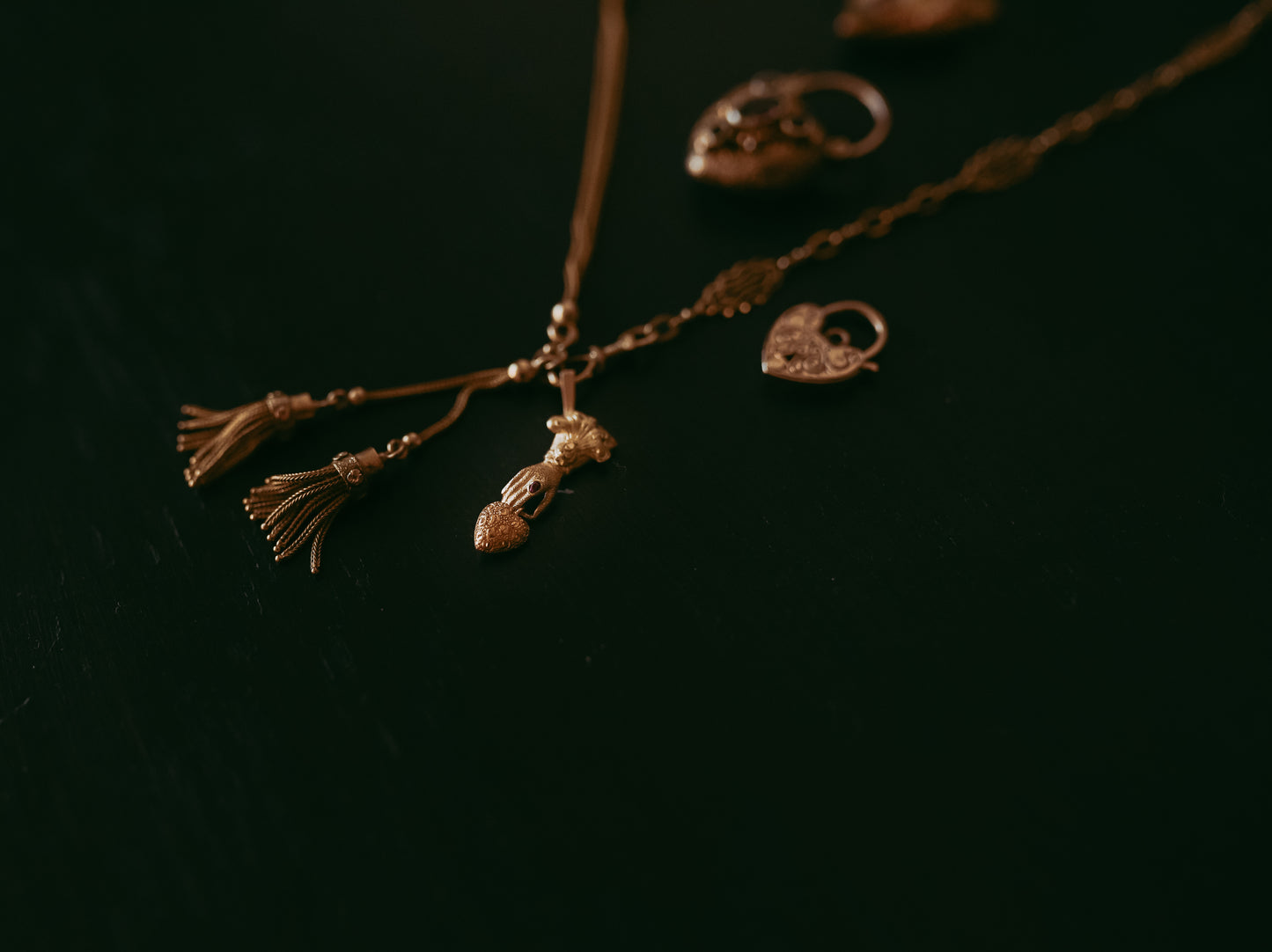 Victorian Ruby Ring Hand & Repoussé Heart Pendant in 14K Two-Tone Gold