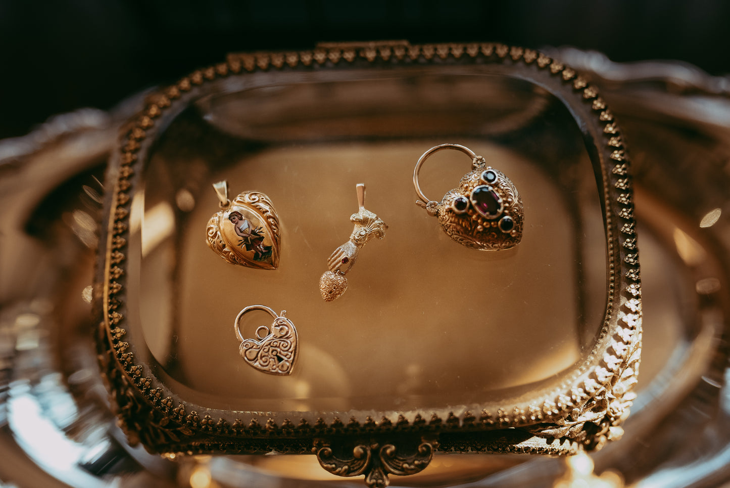 Victorian Ruby Ring Hand & Repoussé Heart Pendant in 14K Two-Tone Gold