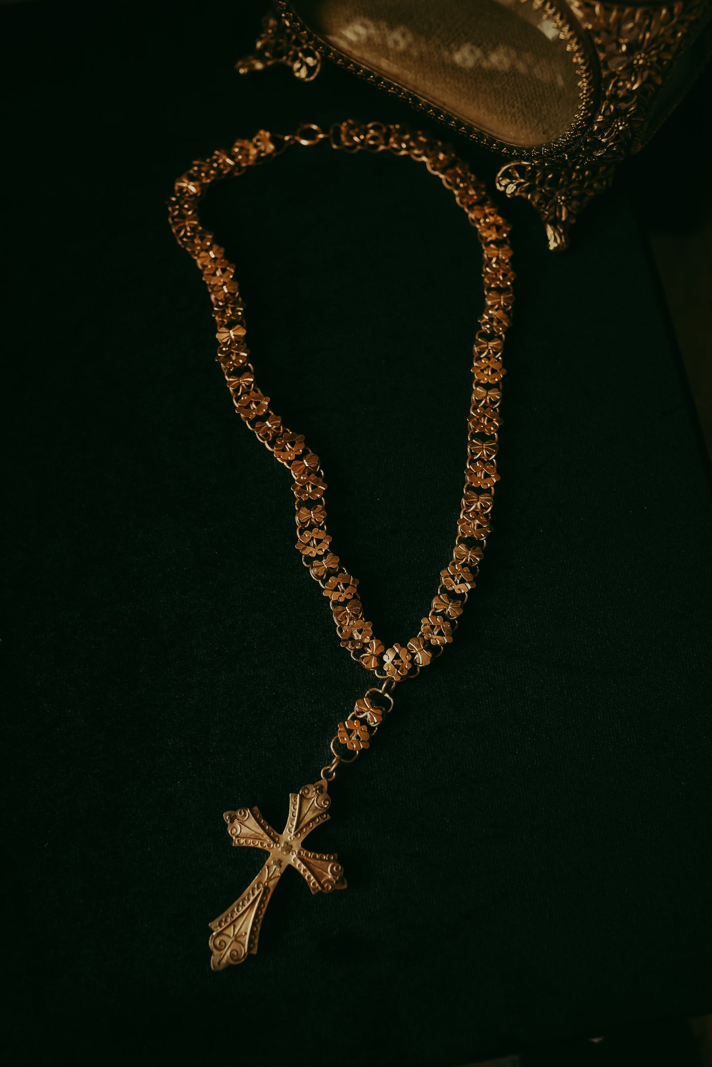 Victorian Gold-Filled Chain Drop Necklace with Engraved Cross