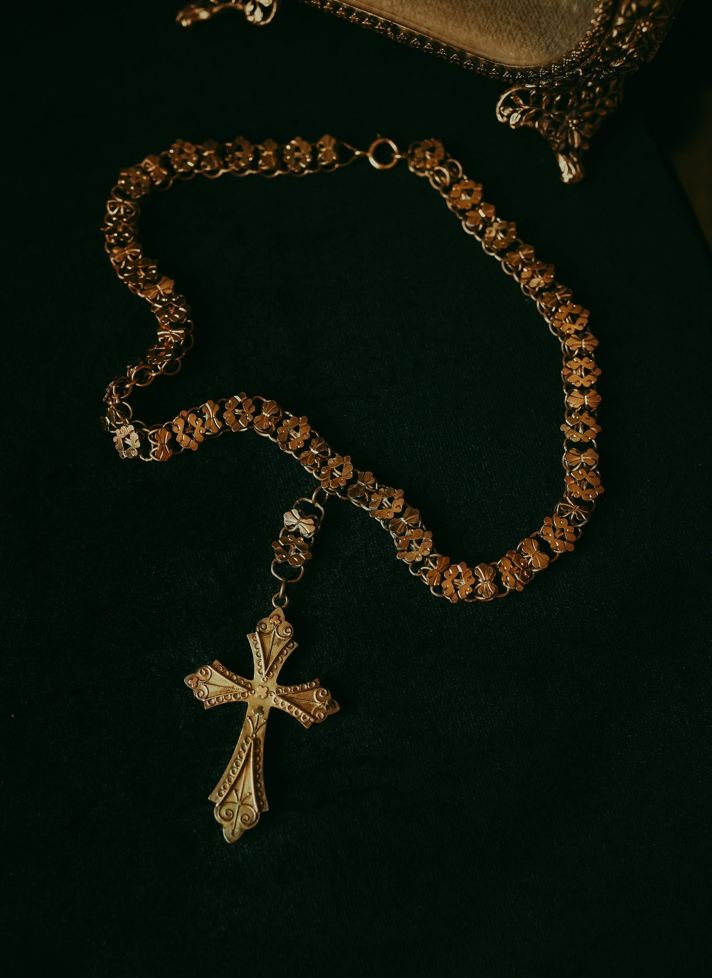 Victorian Gold-Filled Chain Drop Necklace with Engraved Cross
