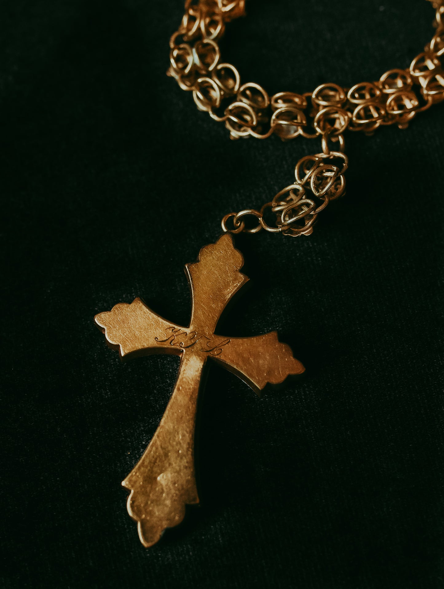 Victorian Gold-Filled Chain Drop Necklace with Engraved Cross