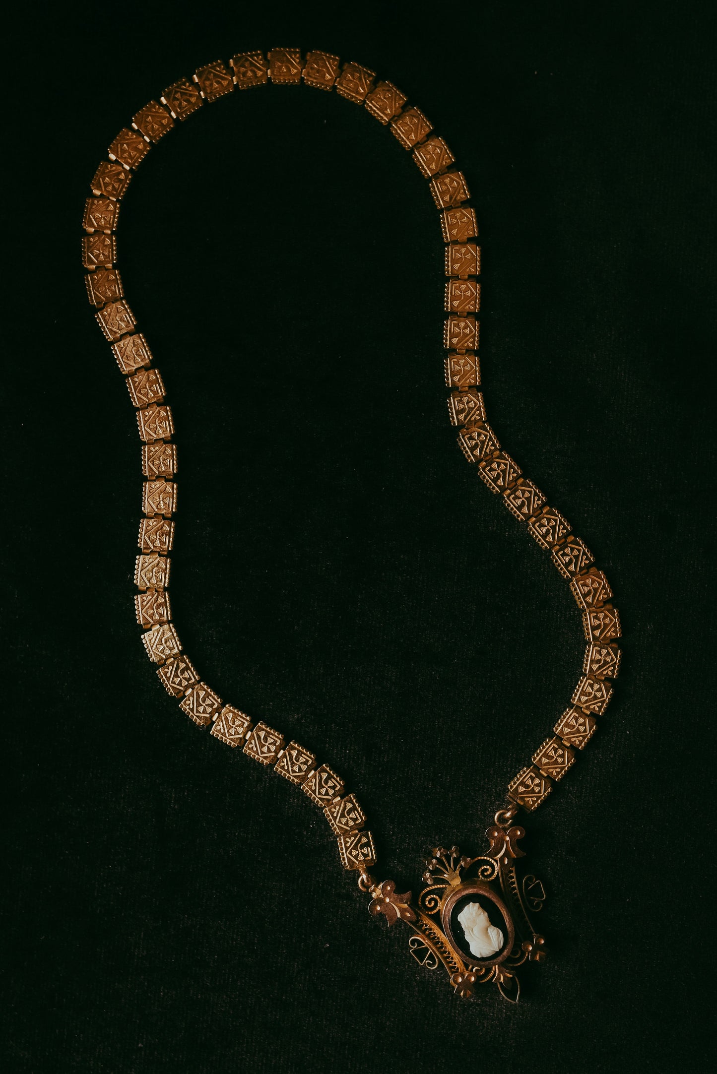 Antique Victorian Etruscan Revival Gold Filled Cameo Necklace | Book Chain Panel Links