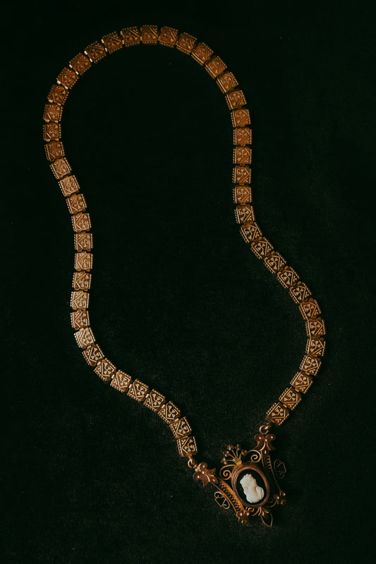Antique Victorian Etruscan Revival Gold Filled Cameo Necklace | Book Chain Panel Links
