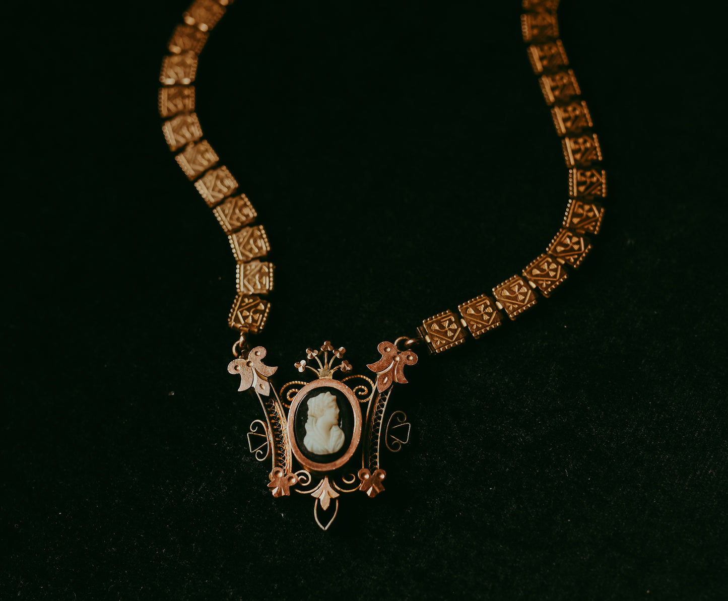 Antique Victorian Etruscan Revival Gold Filled Cameo Necklace | Book Chain Panel Links