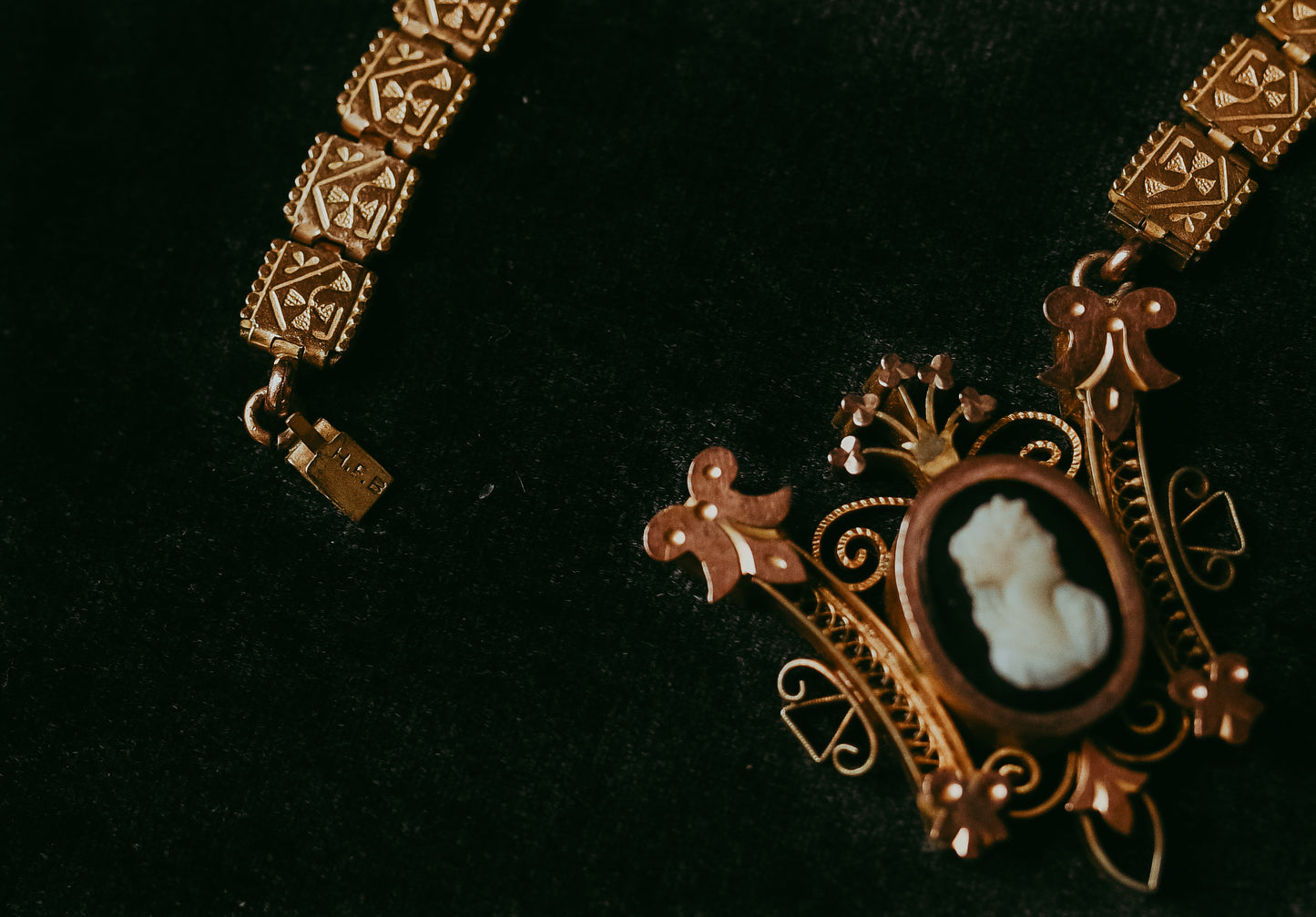 Antique Victorian Etruscan Revival Gold Filled Cameo Necklace | Book Chain Panel Links
