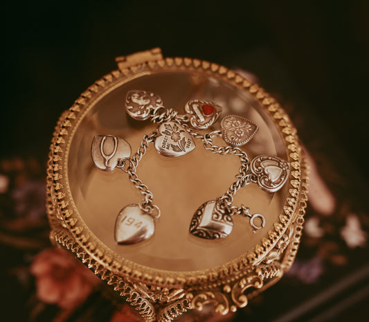 Vintage 1940s Sterling Puffy Heart Charm Bracelet Sweet Romantic | Engraved “Lola” 1941